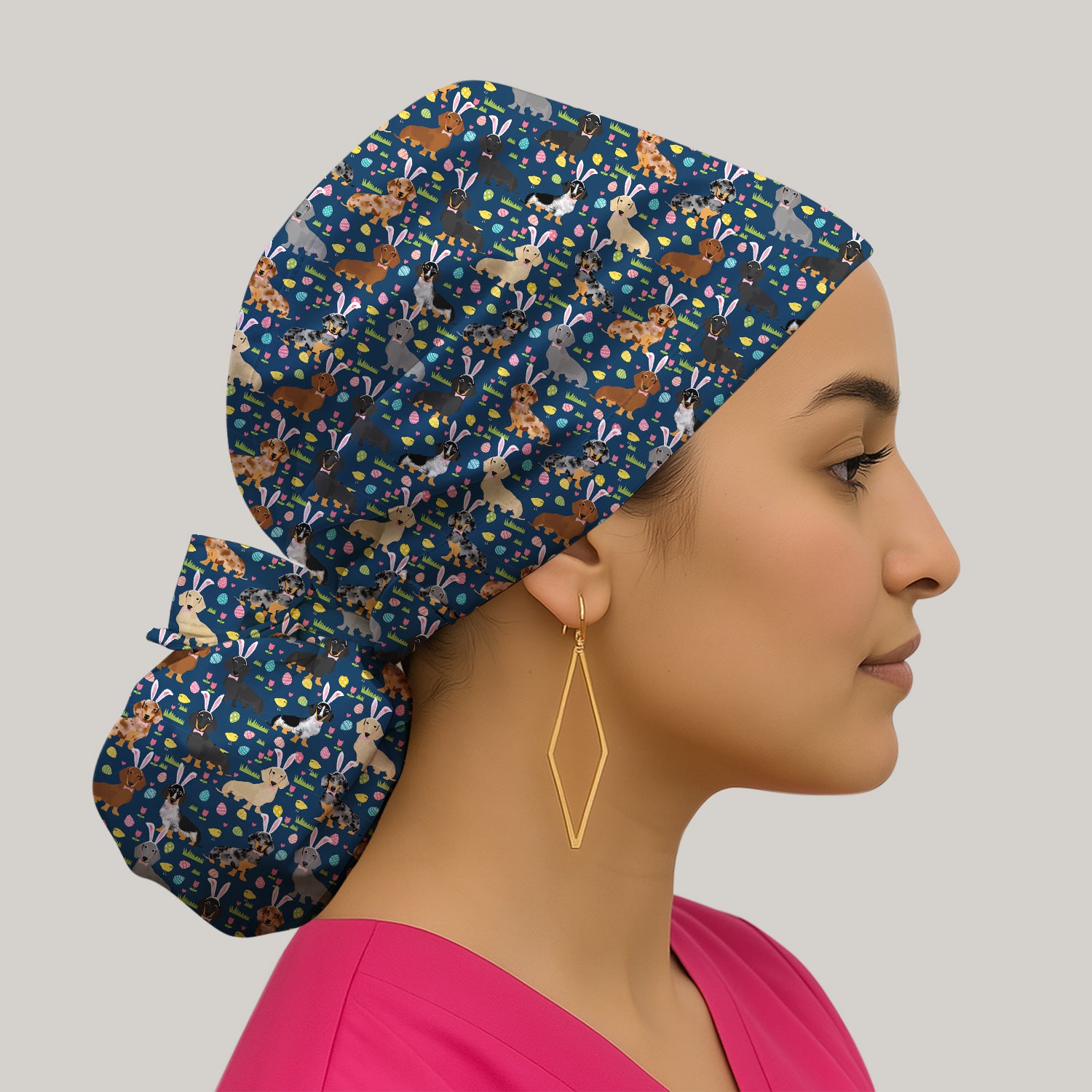 Easter Dachshund Dog Pattern Print Cap, Bouffant Scrub Caps for Women