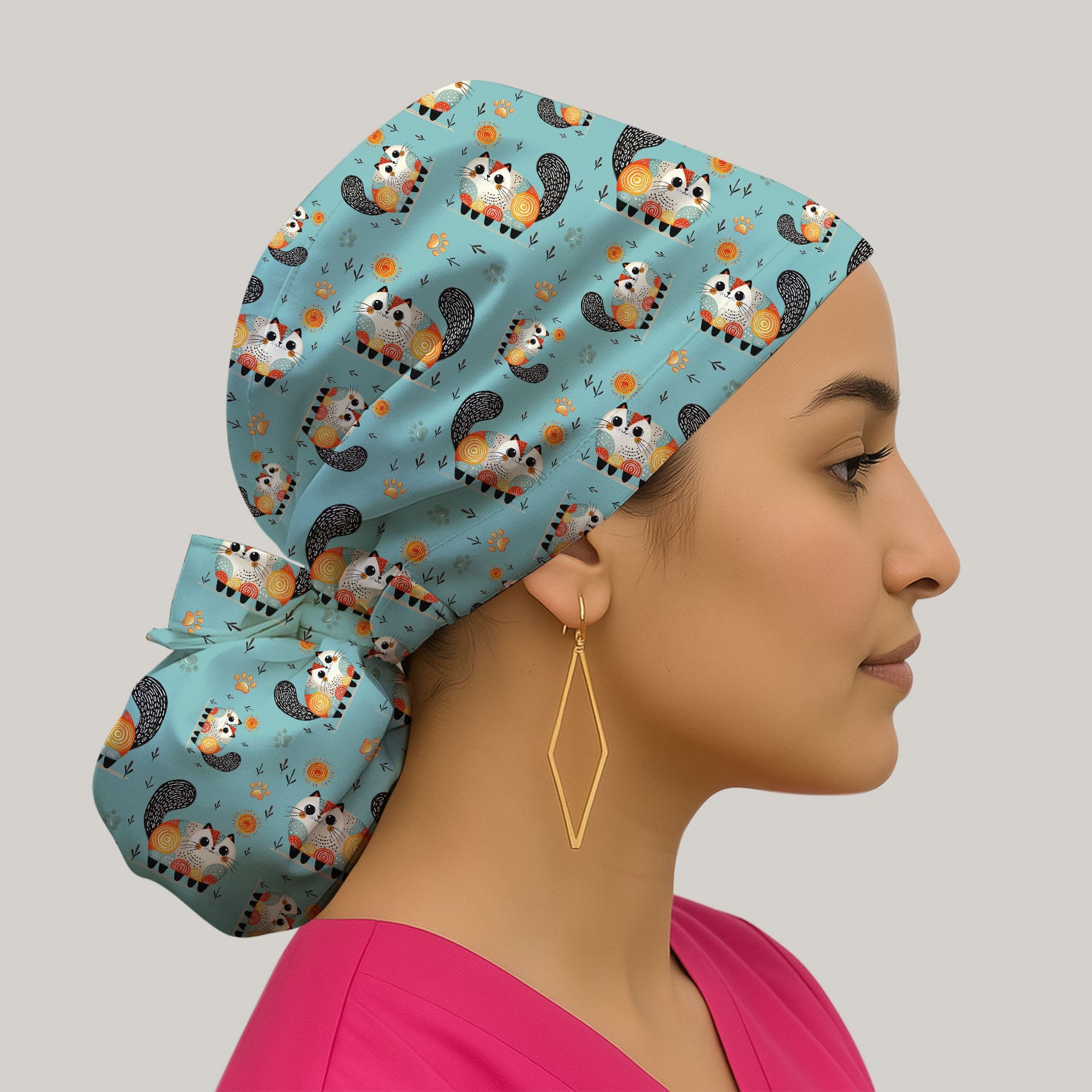 Playful Cat Illustration Scrub Cap, Bouffant Scrub Caps for Women
