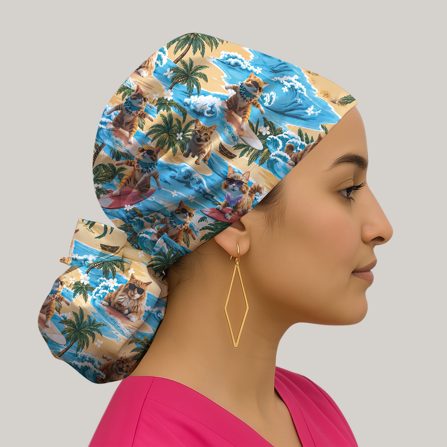 Tropical Surfing Cat with Beach Wave Island Print Scrub Cap, Surgical Caps for Doctors
