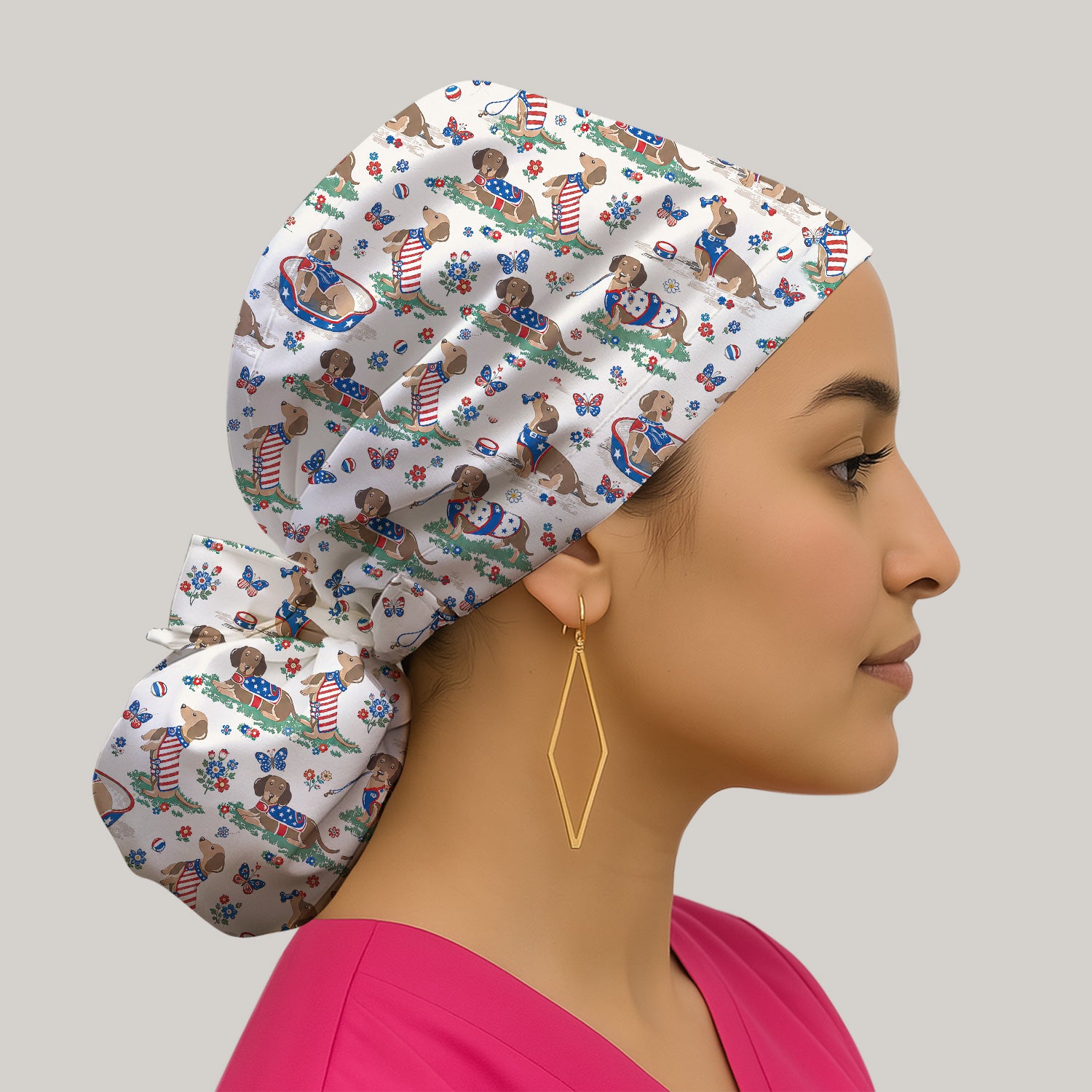Patriotic Dachshund Garden Party Pattern Scrub Cap, Surgical Caps for Doctors