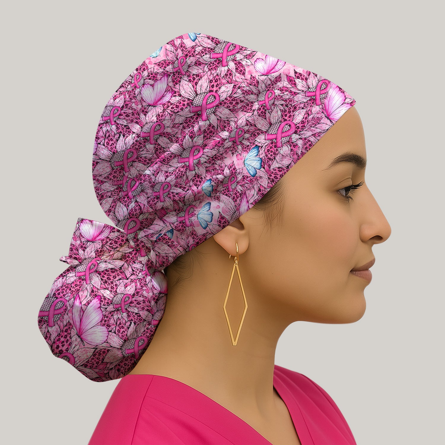 Pink Ribbon Butterfly Breast Cancer Scrub Cap, Surgical Caps for Doctors