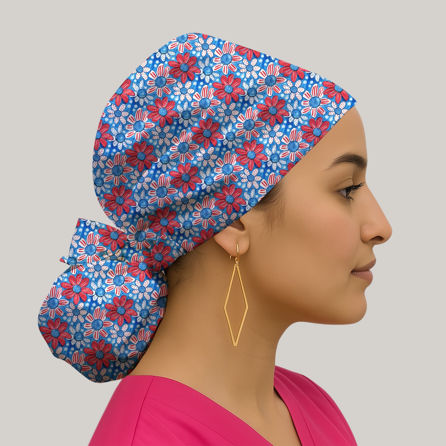 Cute Patriotic Daisy Blossom Repeat Pattern Scrub Cap, Surgical Caps for Doctors