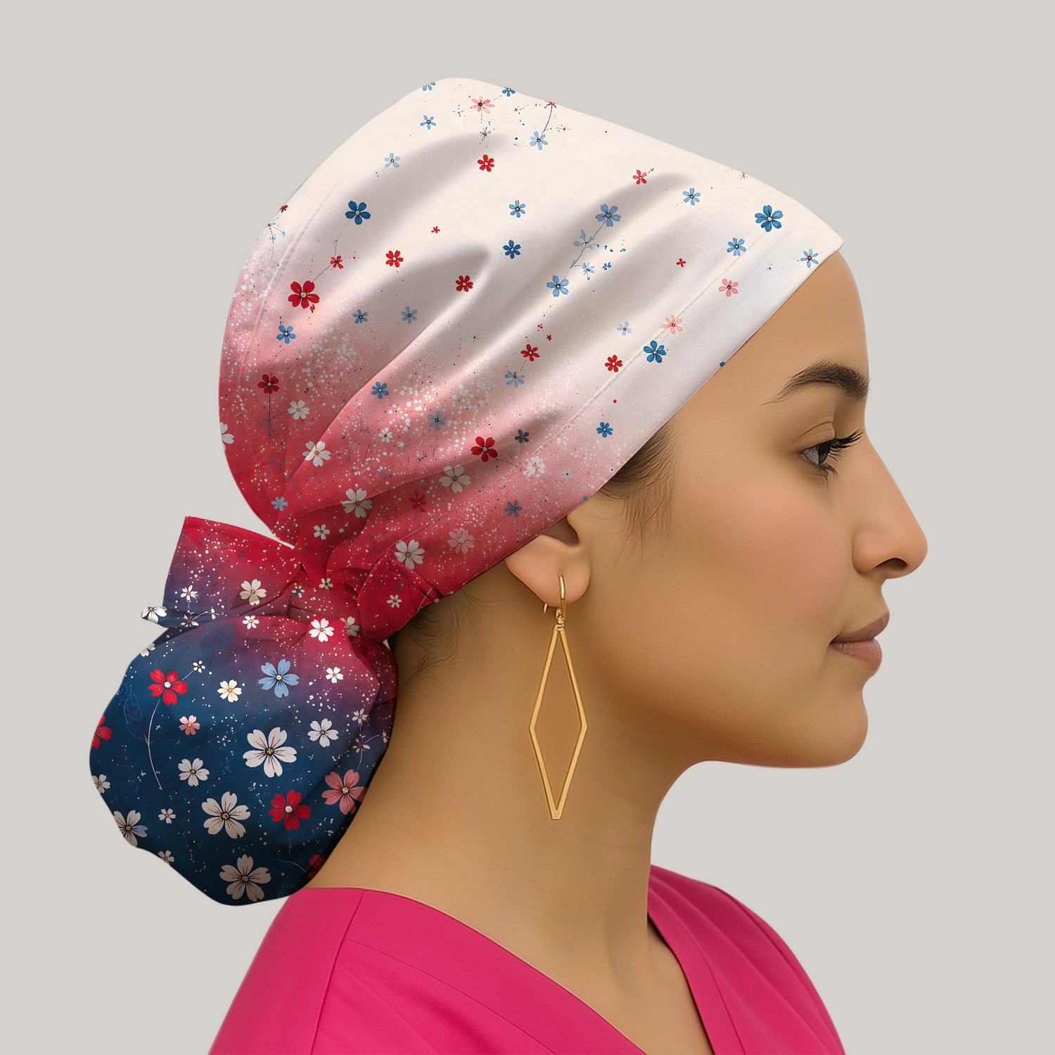 Patriotic Red White Blue Floral Ombre Print Scrub Cap, Surgical Caps for Doctors