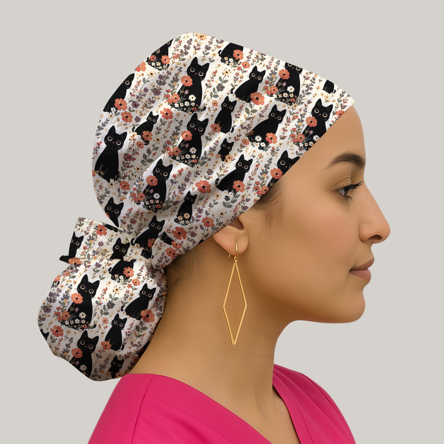Cute Black Cat Wildflower Pattern Scrub Cap, Surgical Caps for Doctors