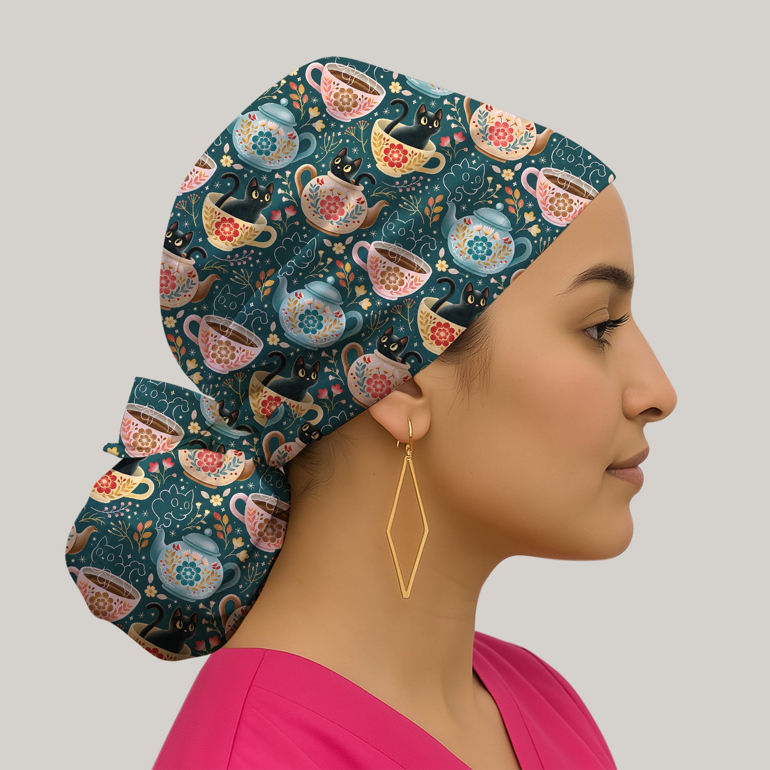 Black Cat Tea Party Veterinary Pattern Scrub Cap, Surgical Caps for Doctors