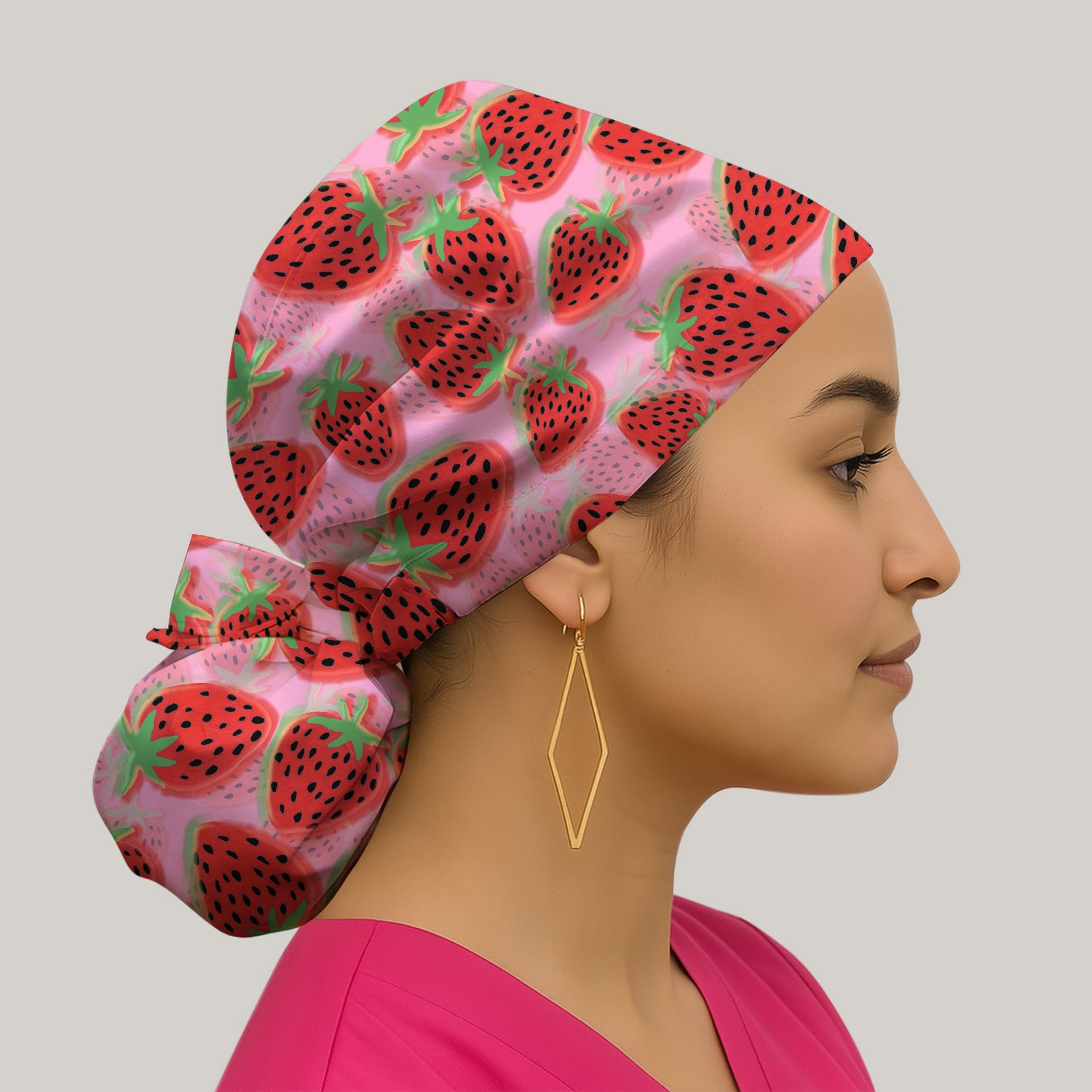 Pink Strawberry Pattern Cap, Bouffant Scrub Caps for Women