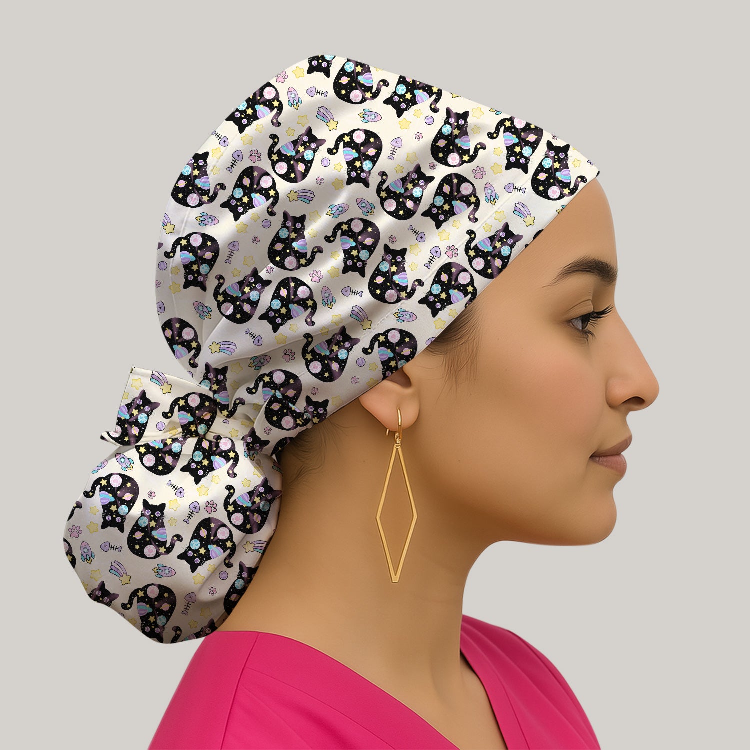 Galaxy Black Cat Space Pattern Scrub Cap, Surgical Caps for Doctors