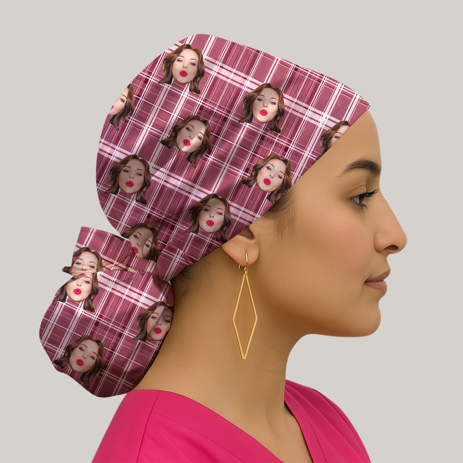 Personalized Funny Face Plaid Scrub Cap, Custom Photo Pattern Surgical Cap For Doctors, Breathable Fabrics Caps Uniform
