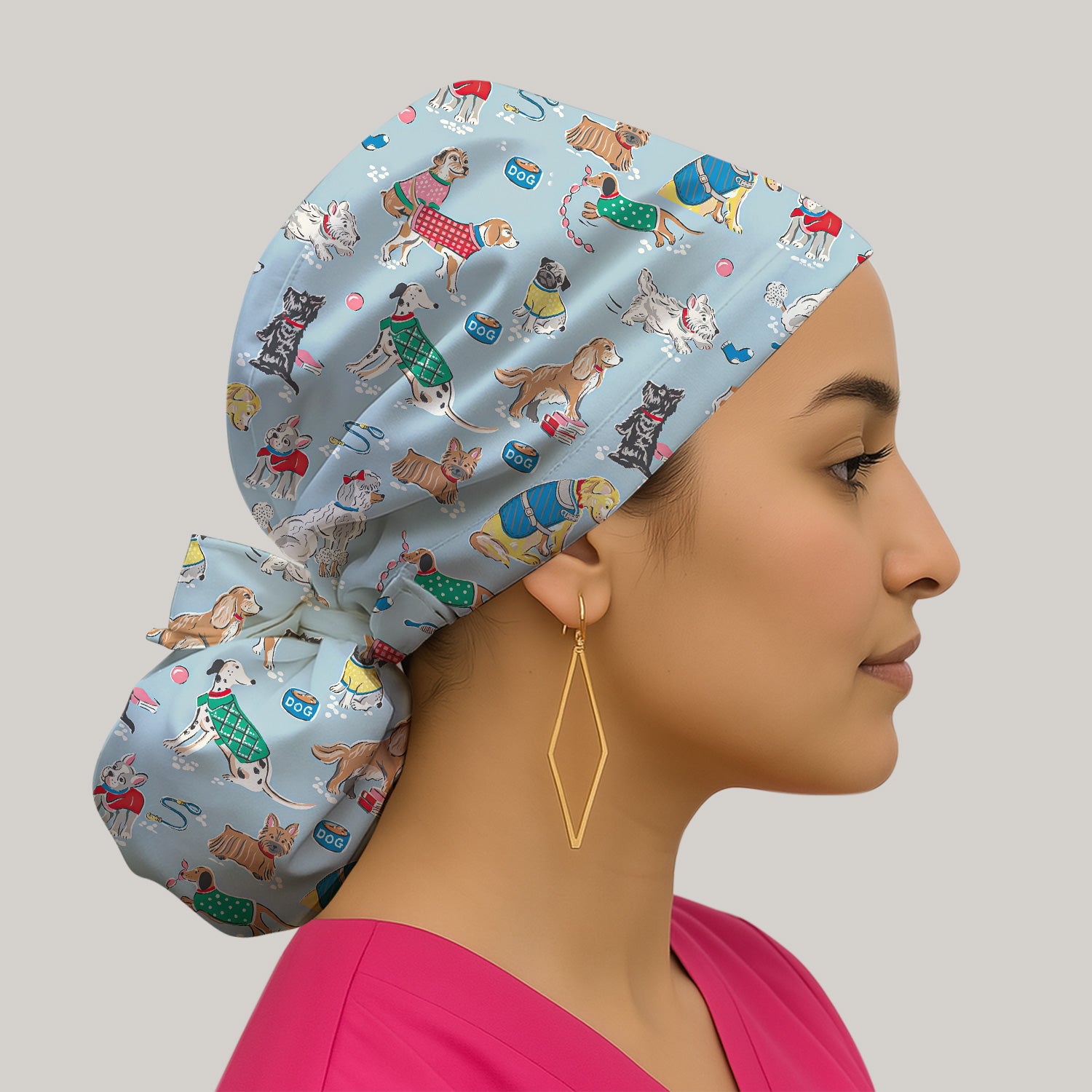 Cute Dog Wearing Sweater Playing Ball Pattern Scrub Cap, Bouffant Scrub Caps for Women