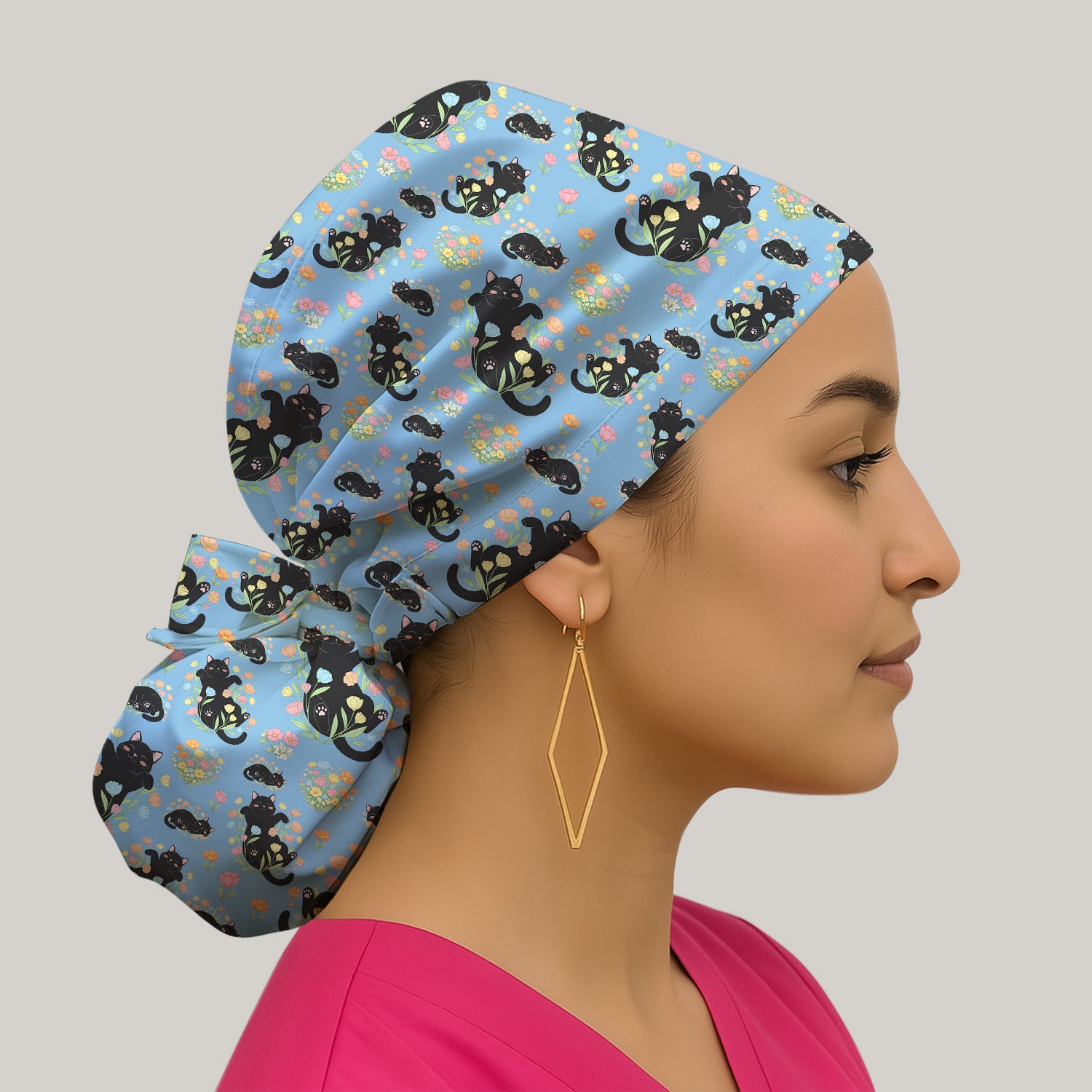 Cats With Cute Poses Floral Pattern Caps, Bouffant Scrub Caps for Women