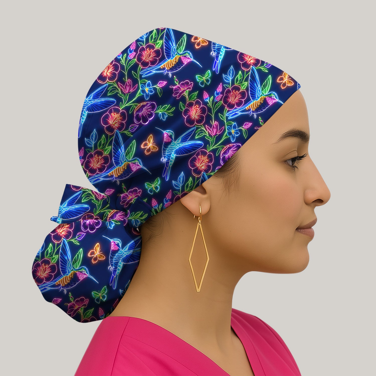 Neon Hummingbird Floral Garden Pattern Scrub Cap, Surgical Caps for Doctors