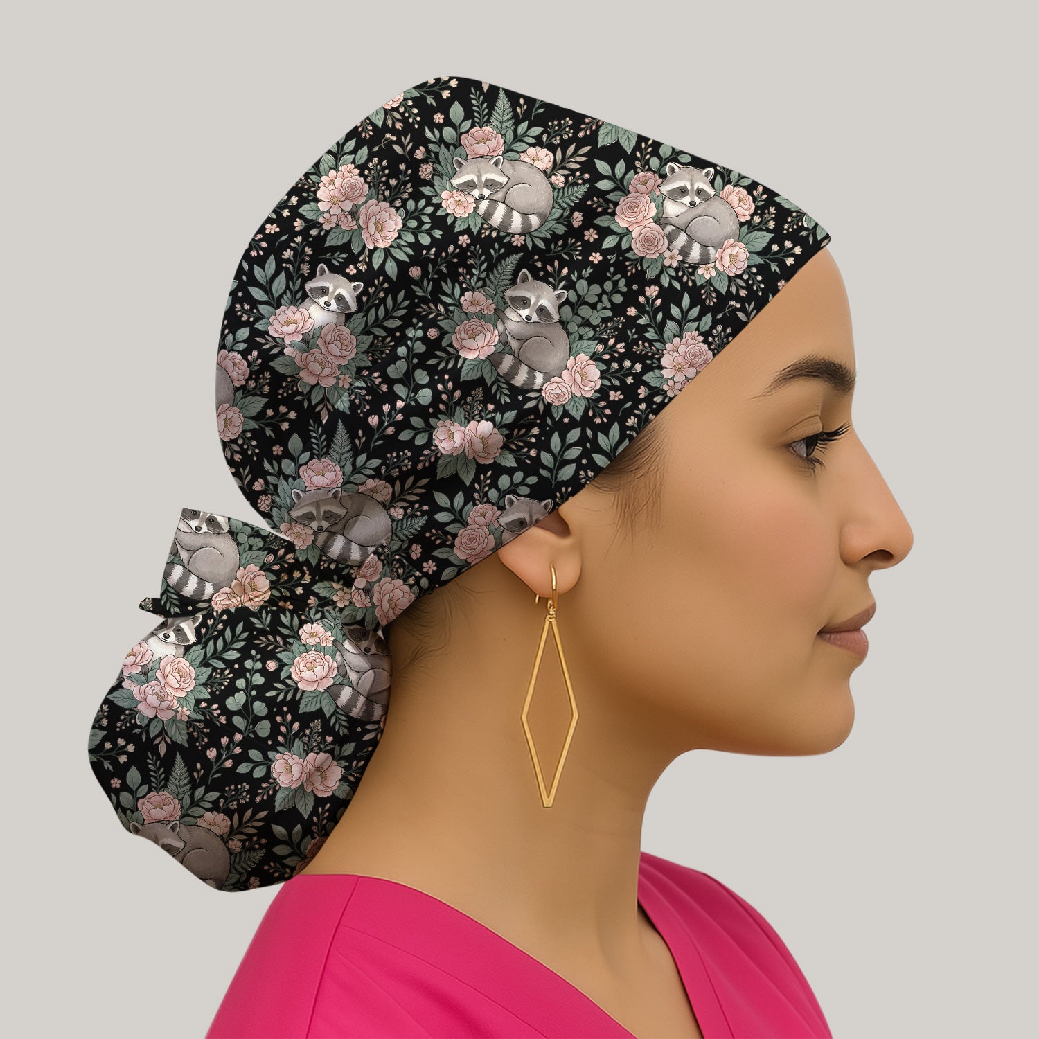 Sleeping Raccoon Rose Garden Pattern Cap, Bouffant Scrub Caps for Women