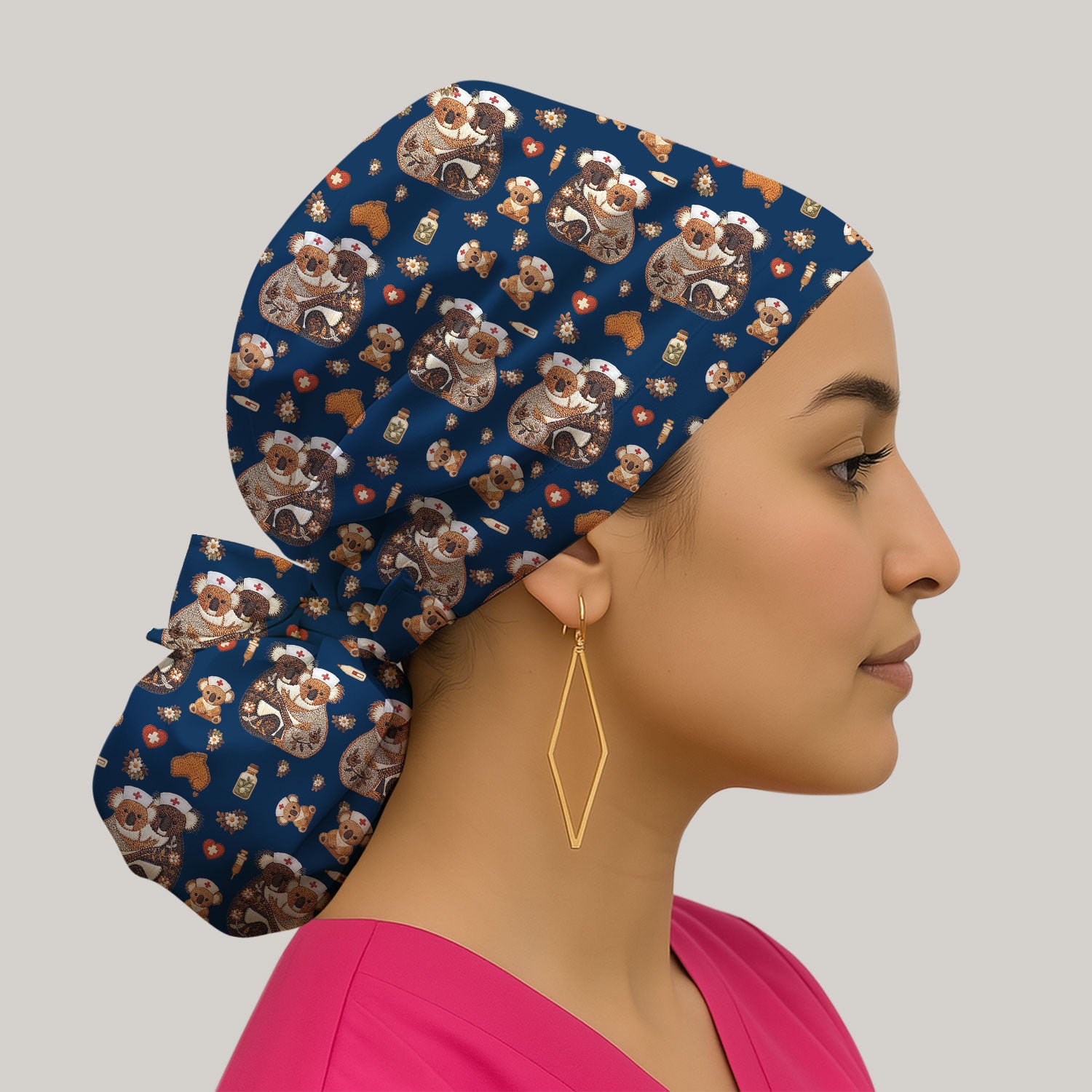 Cute Cartoon Koala Valentine Nurse Design Cap, Bouffant Scrub Caps for Women