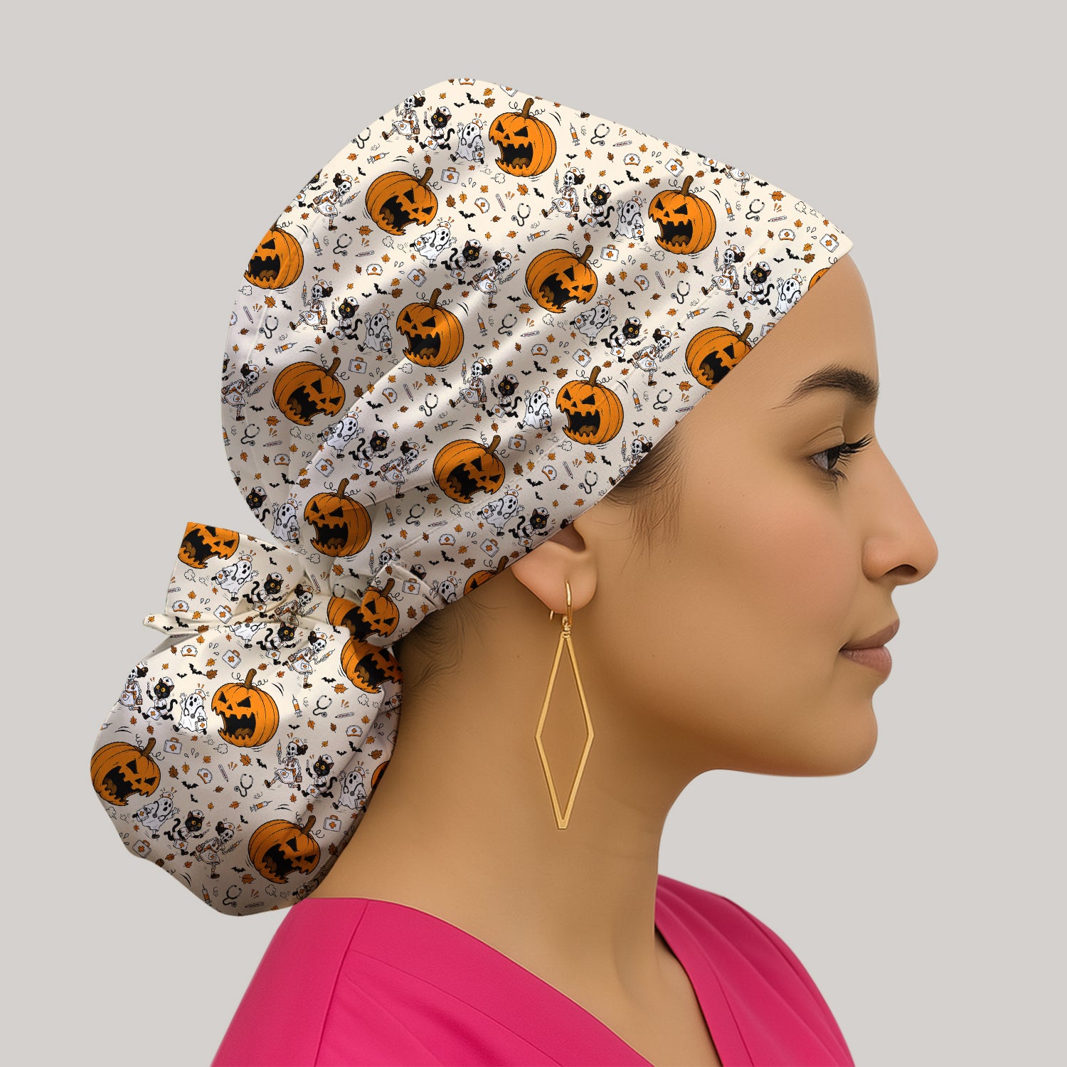 Funny Halloween Pumpkin Chasing Nurses Scrub Cap, Surgical Caps for Doctors
