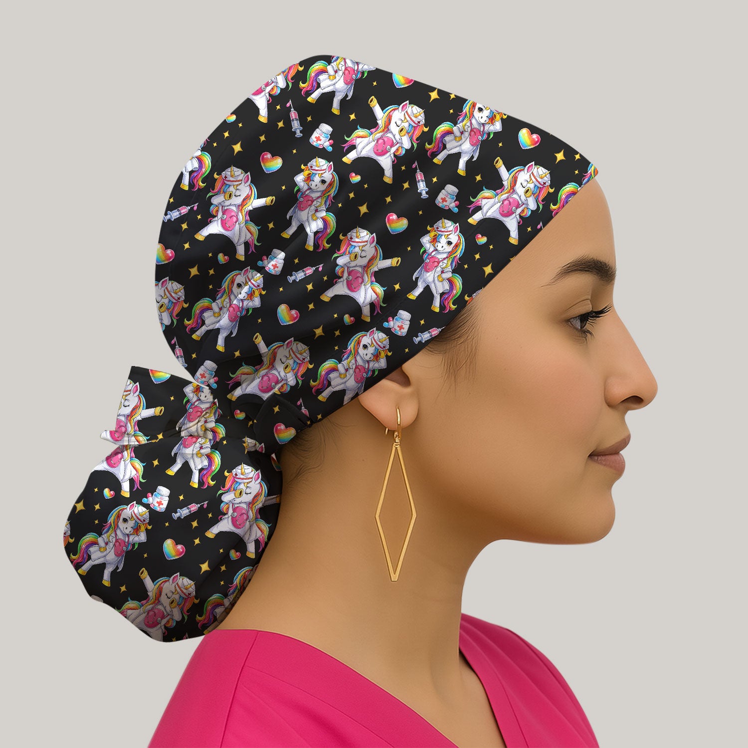 Playful Nurse Unicorn Rainbow Pattern Cap, Bouffant Scrub Caps for Women