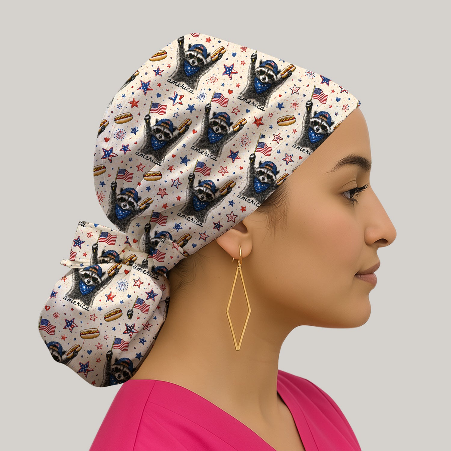 Patriotic Raccoon America Hotdog Pattern Scrub Cap, Surgical Caps for Doctors