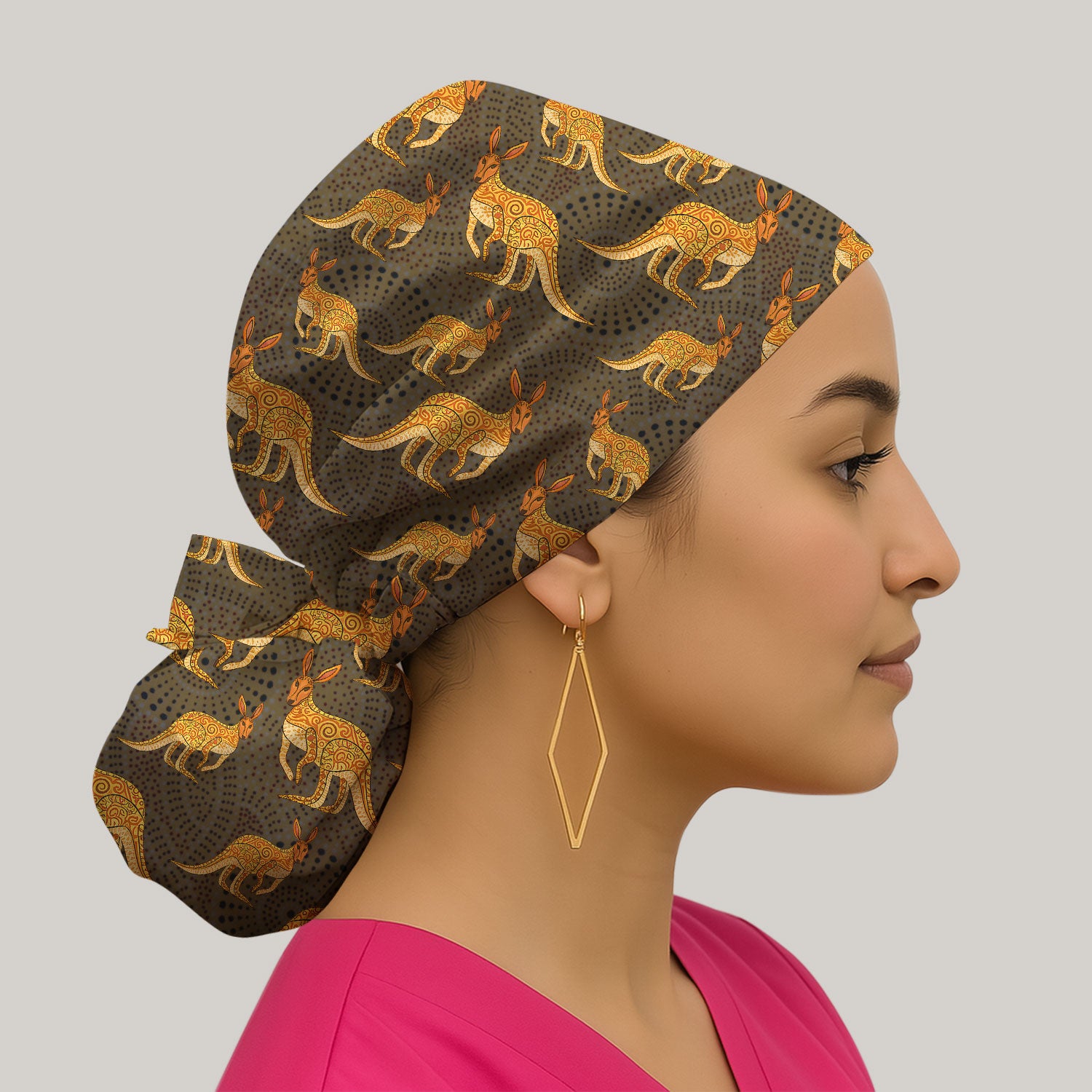 Australian Kangaroo Dot Art Inspired Nursing Scrub Caps for Women