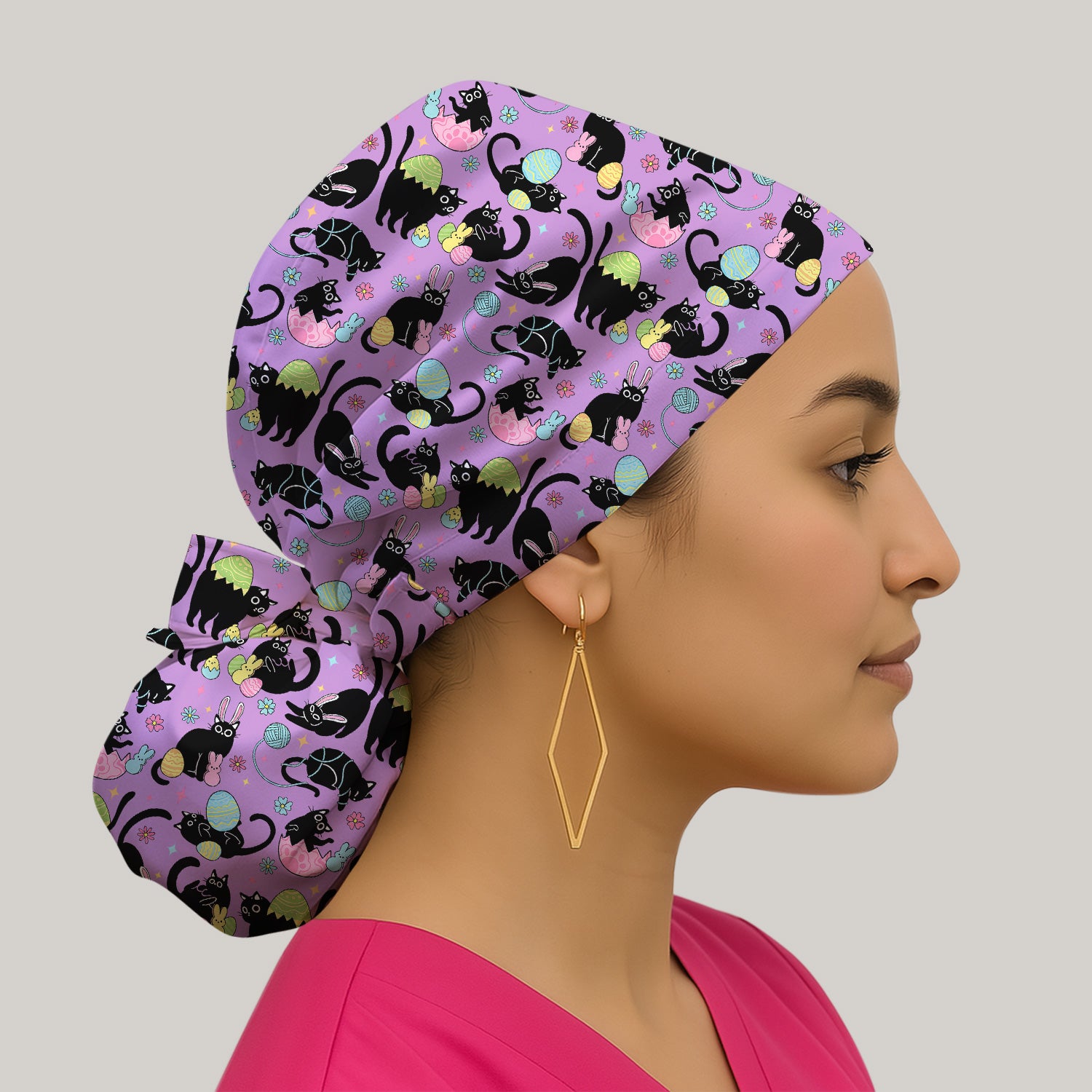 Funny Easter Black Cat Egg Pattern Print Cap, Bouffant Scrub Caps for Women