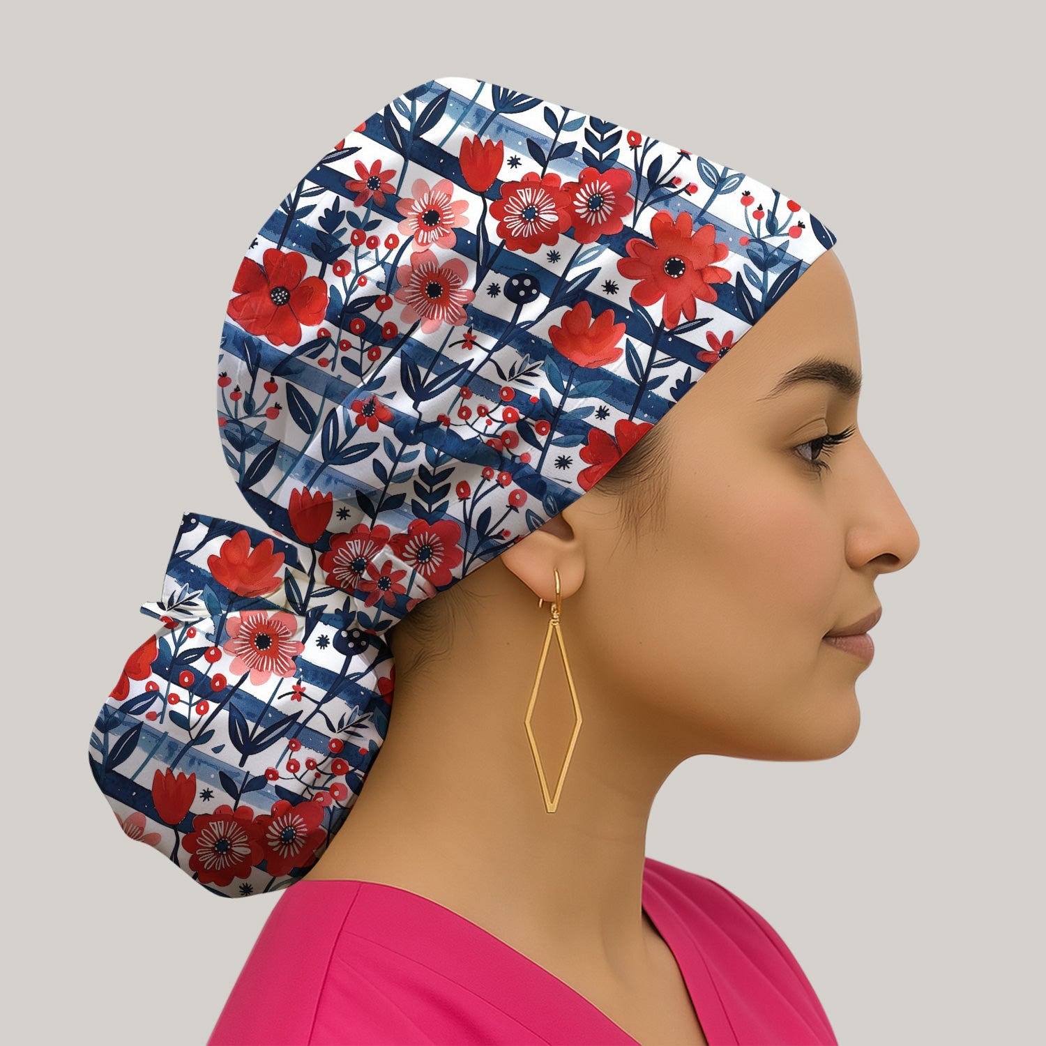 Red Poppy Navy Stripe Pattern Scrub Cap, Surgical Caps for Doctors