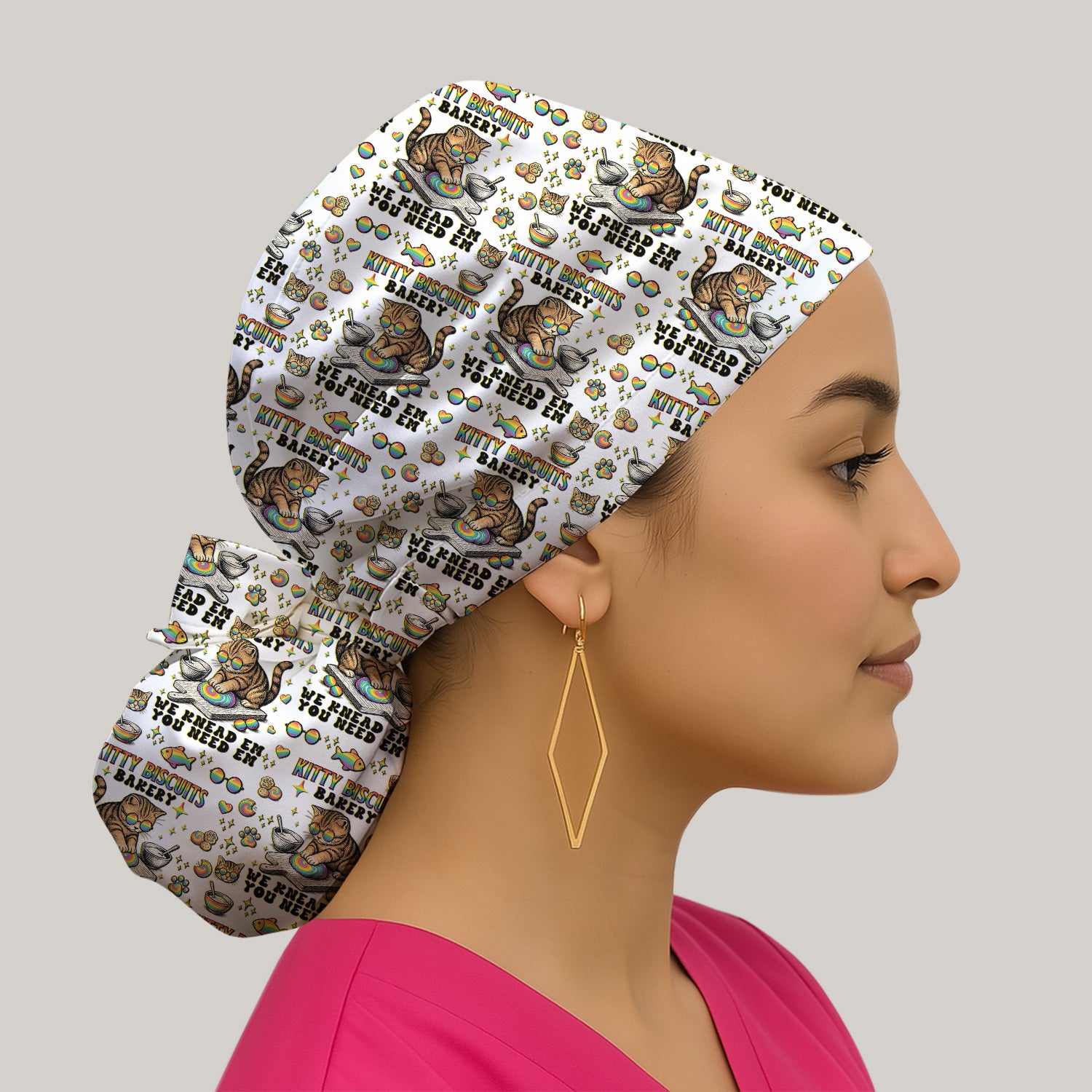 Pride Nurse Cat Baking Rainbow Dough Pattern Cap, Bouffant Scrub Caps for Women