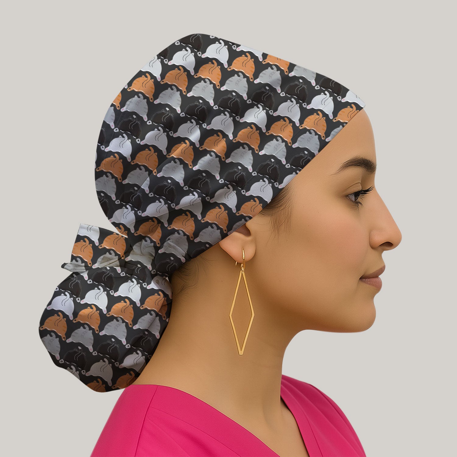 Playful Multicolor Cat Print Scrub Cap, Breathable Fabrics Caps Uniform