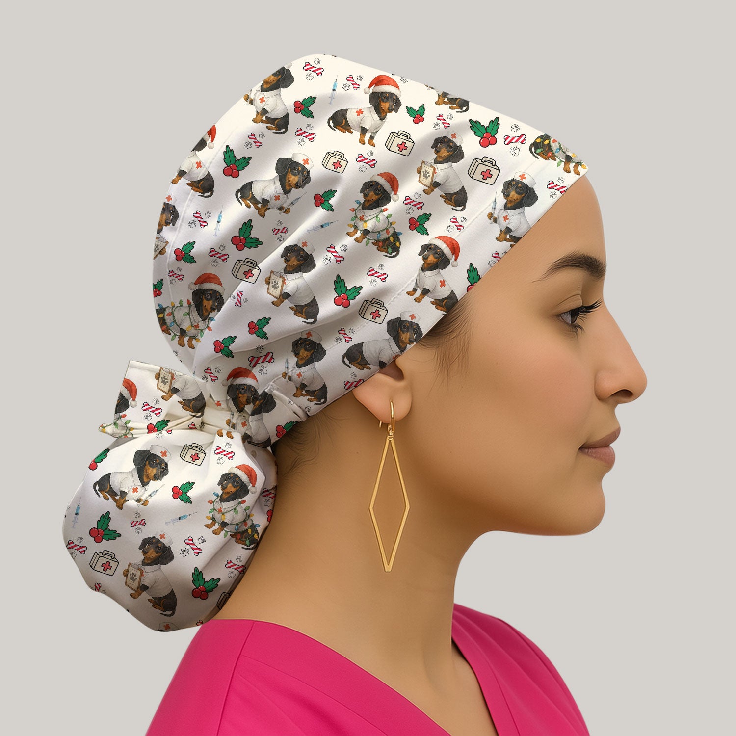 Custom Christmas Nurse Scrub Cap - Dachshund Dog Surgical Hat Multi Color - Funny Holiday Bouffant Cap for Women Nurses