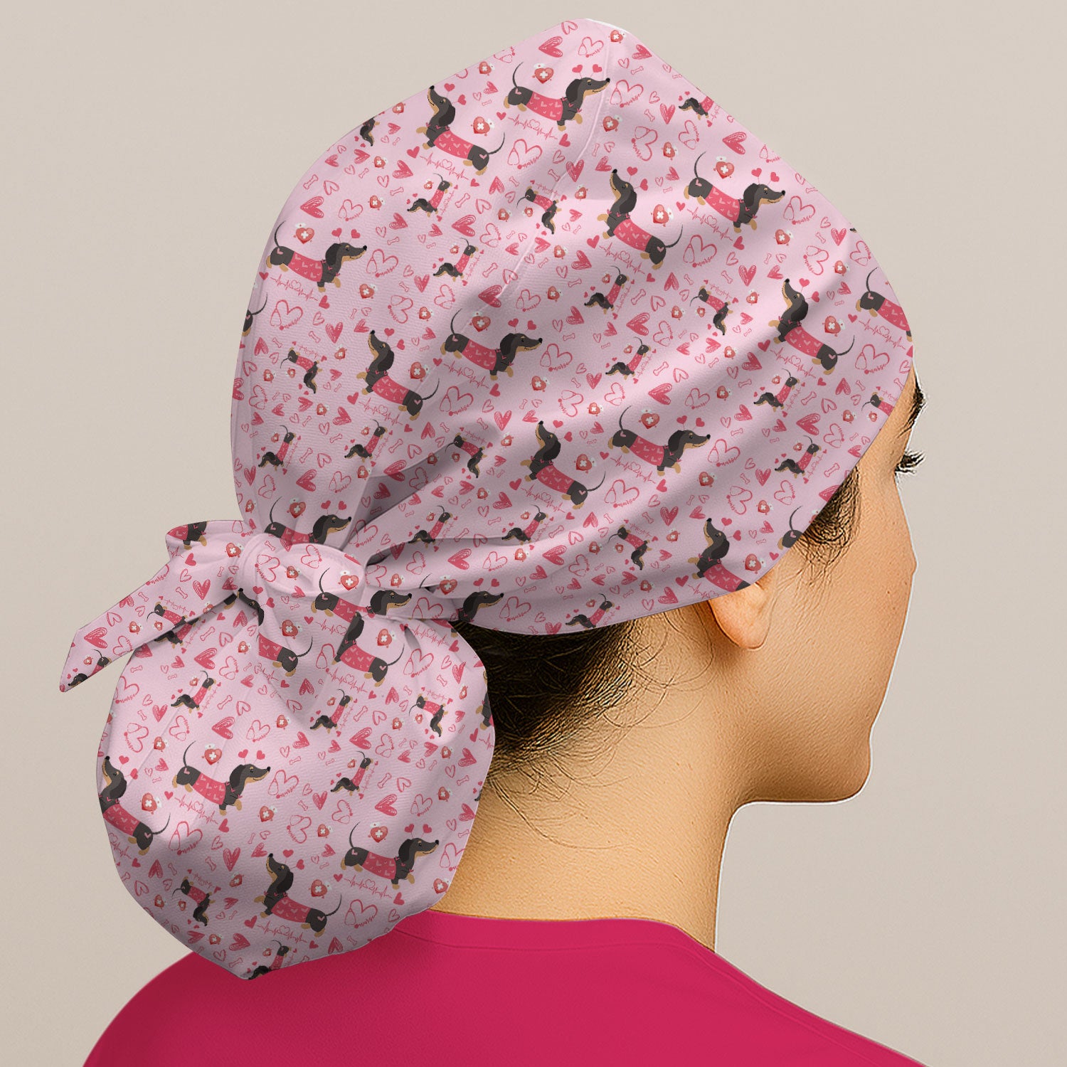 Dachshund Valentine Scrub Cap, Cute Wiener Dog Heart Pattern Nurse Hat, Breathable Fabrics Nursing Uniform