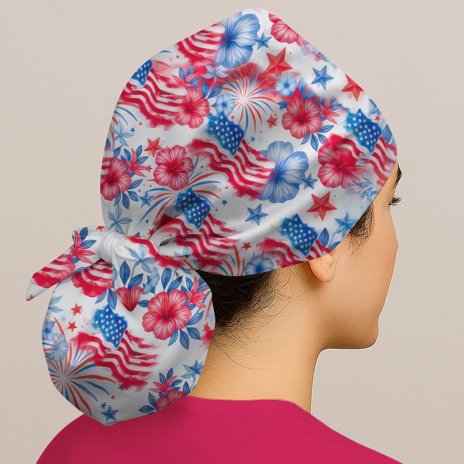 Patriotic American Flag Floral Pattern Nurse Scrub Cap, Surgical Caps for Doctors