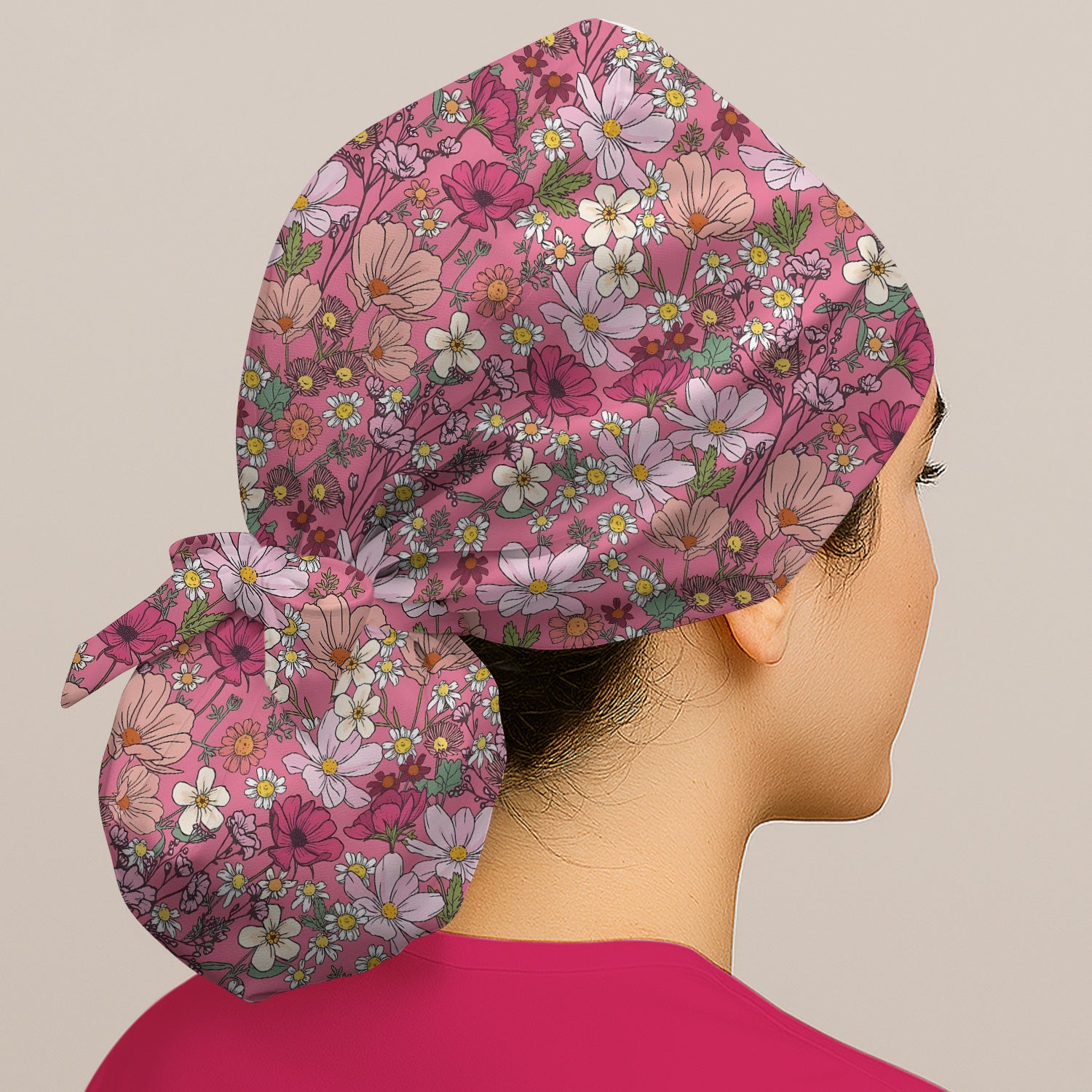 Pink Daisy Wildflower Nurse Pattern Scrub Cap, Surgical Caps for Doctors