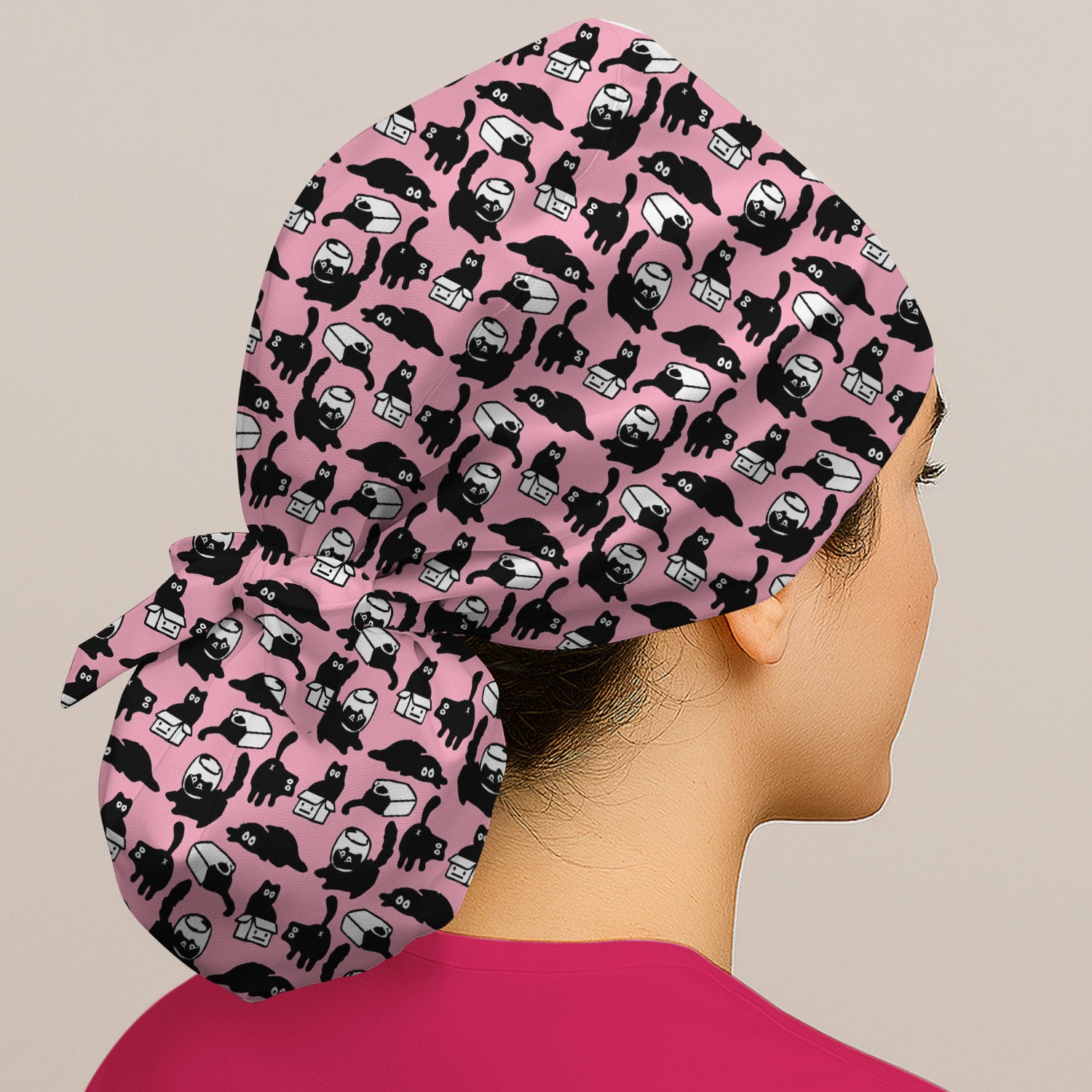 Dark Playful Cat Cartoon Pattern Cap, Bouffant Scrub Caps for Women