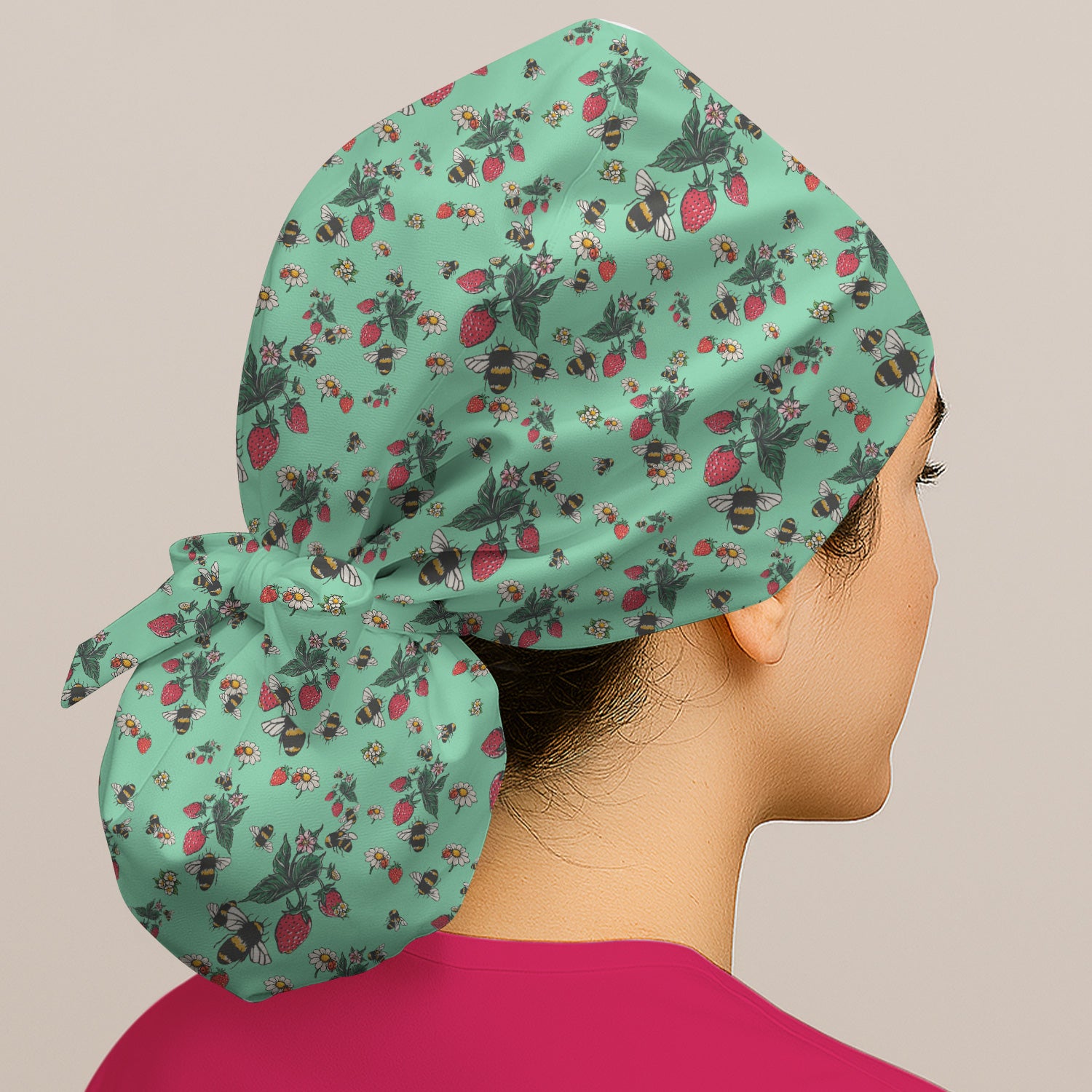 Cute Strawberry Bee Daisy Floral Pattern Scrub Cap, Bouffant Scrub Caps for Women