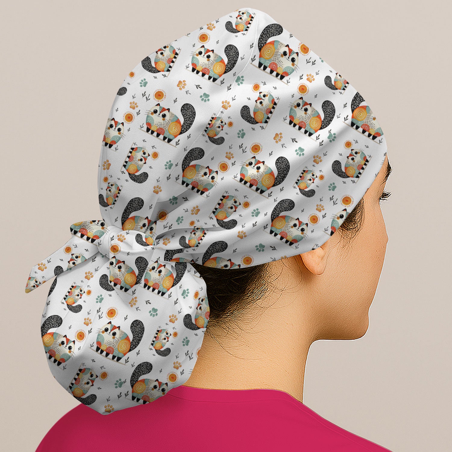Playful Cat Illustration Scrub Cap, Bouffant Scrub Caps for Women
