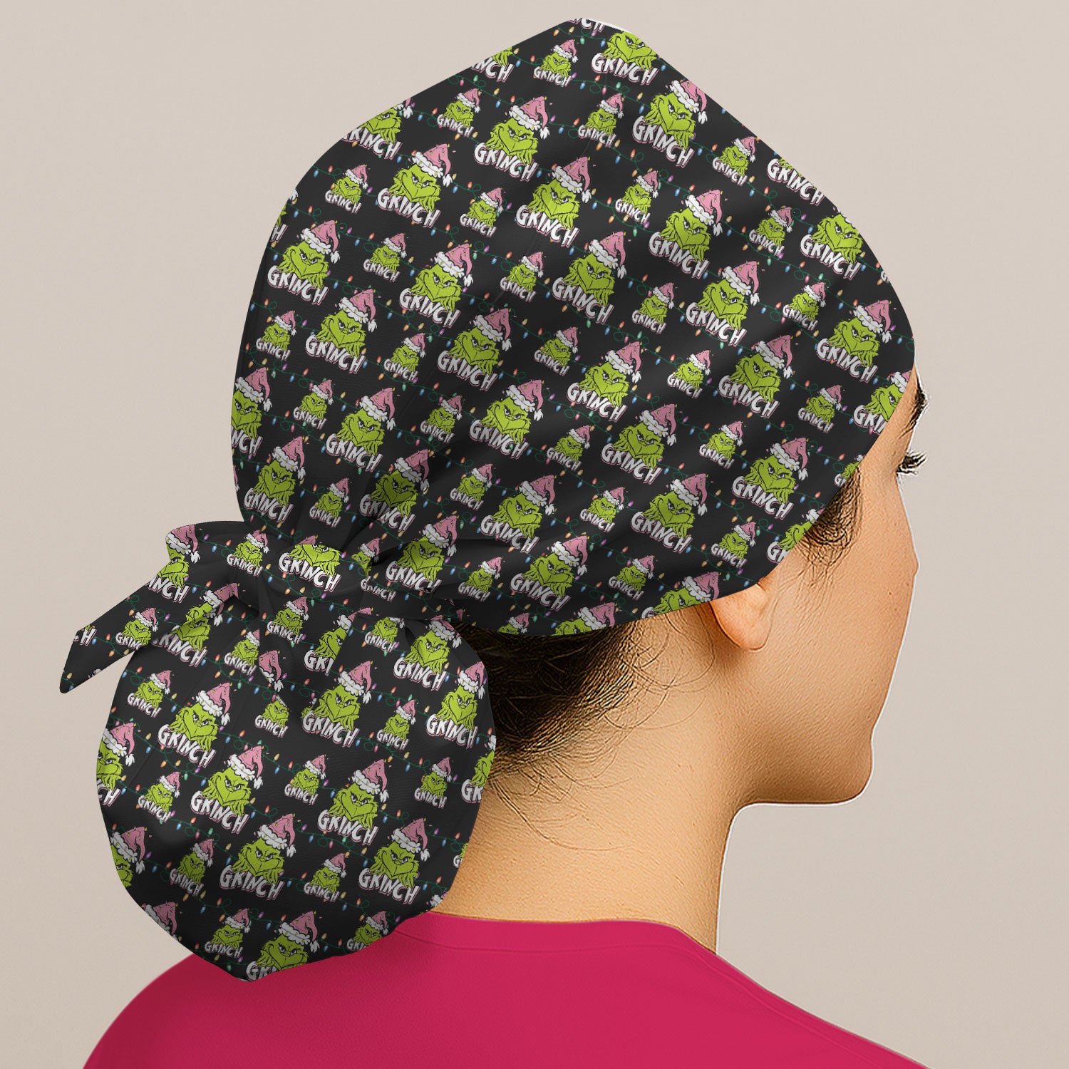 Grinch with Santa Hat Christmas Nurse Scrub Cap - Funny Holiday Surgical Hat Multi Color - Xmas Bouffant Cap for Women