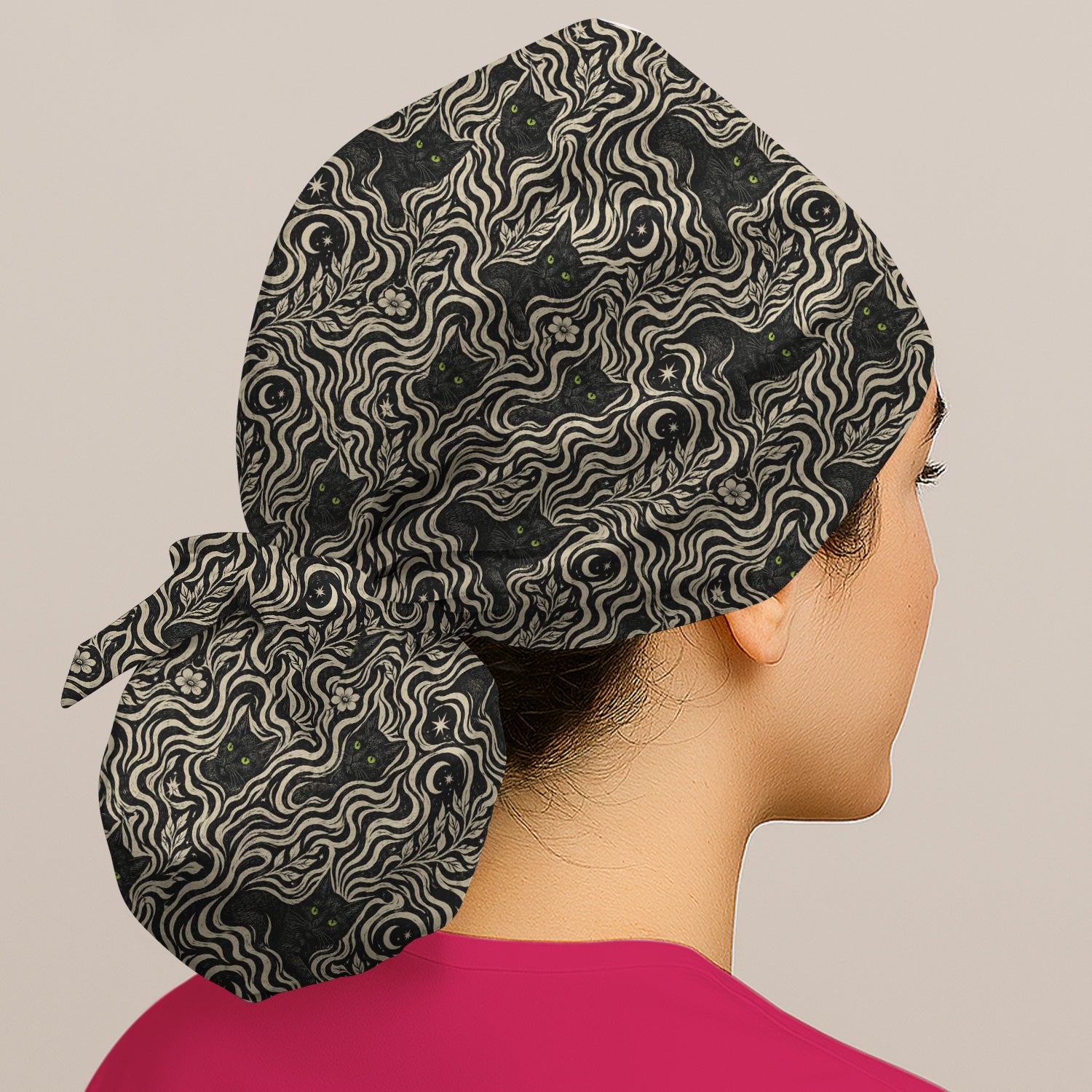 Mystical Black Cat Moonlit Pattern Scrub Cap, Surgical Caps for Doctors