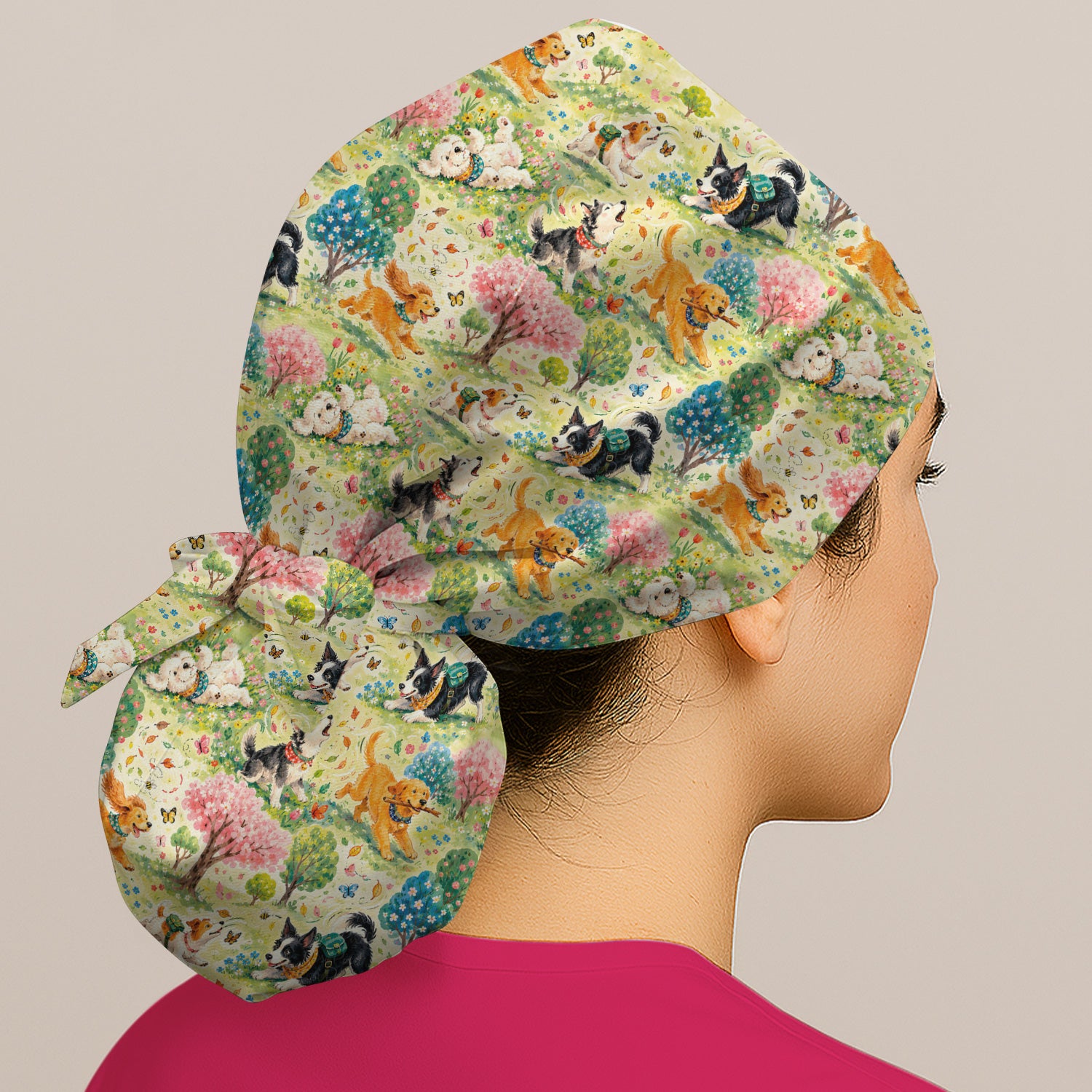 Playful Spring Garden Dogs Pattern Scrub Cap, Surgical Caps for Doctors