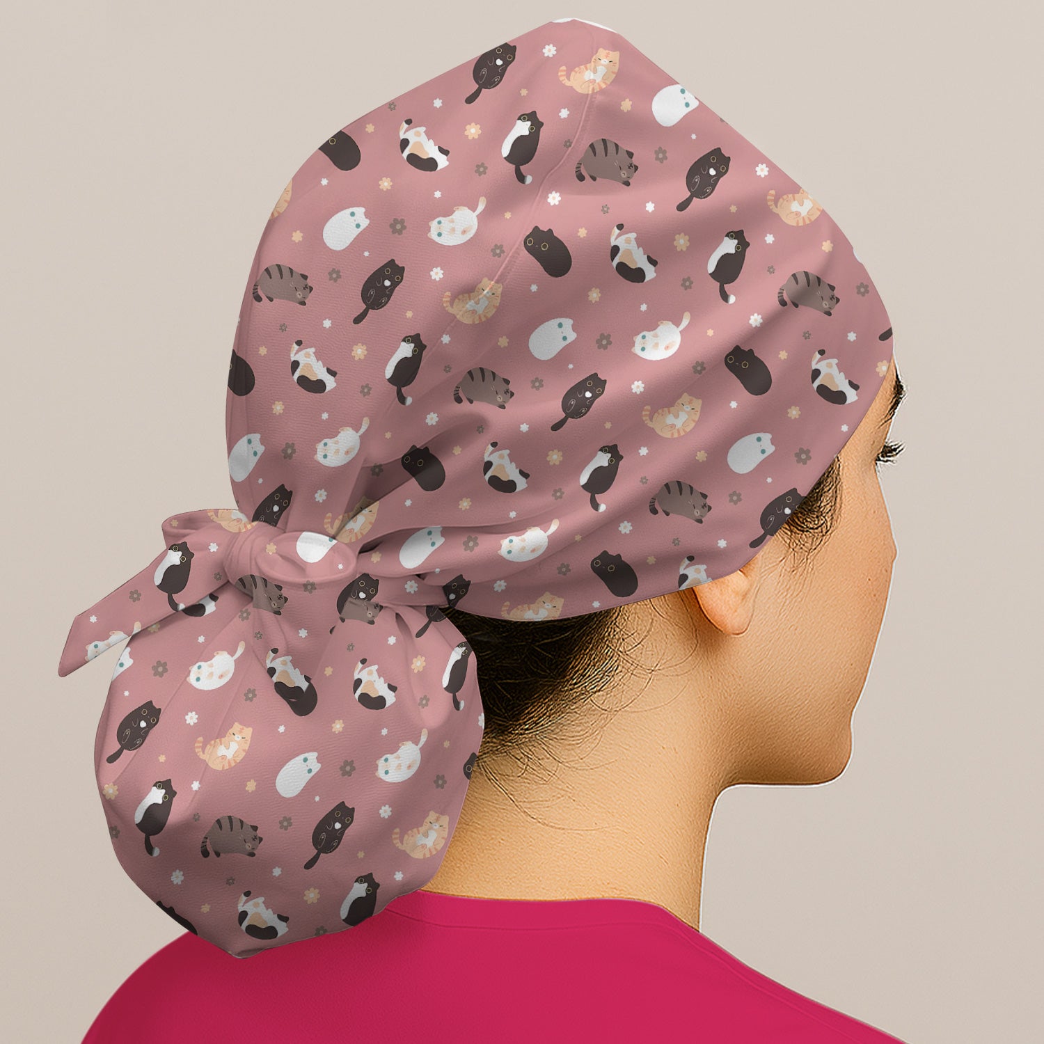 Adorable Kitty Nurse Pattern Scrub Cap, Surgical Caps for Doctors