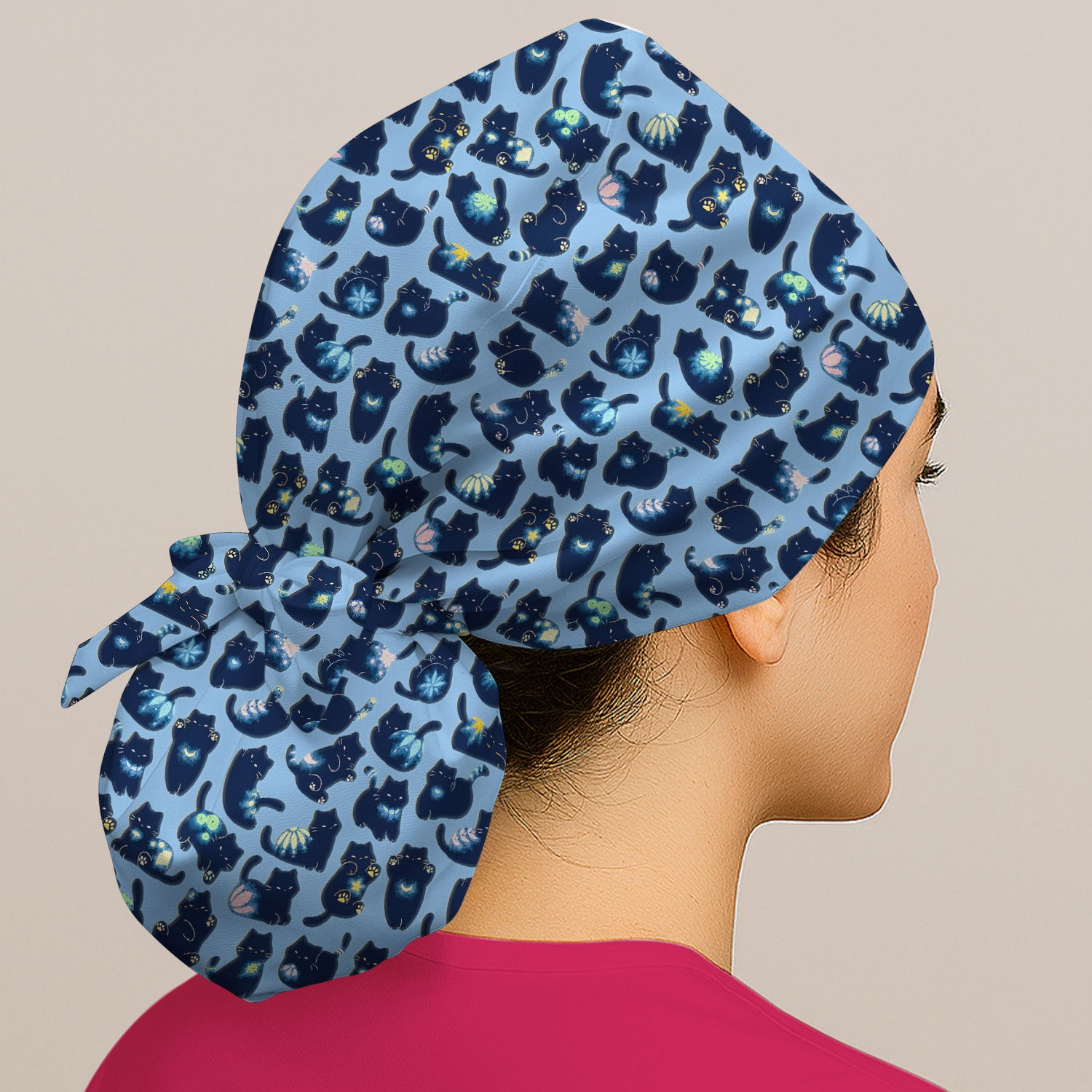 Midnight Cat Scrub Cap, Black Cat Pattern Nurse Hat, Breathable Fabrics Nursing Uniform