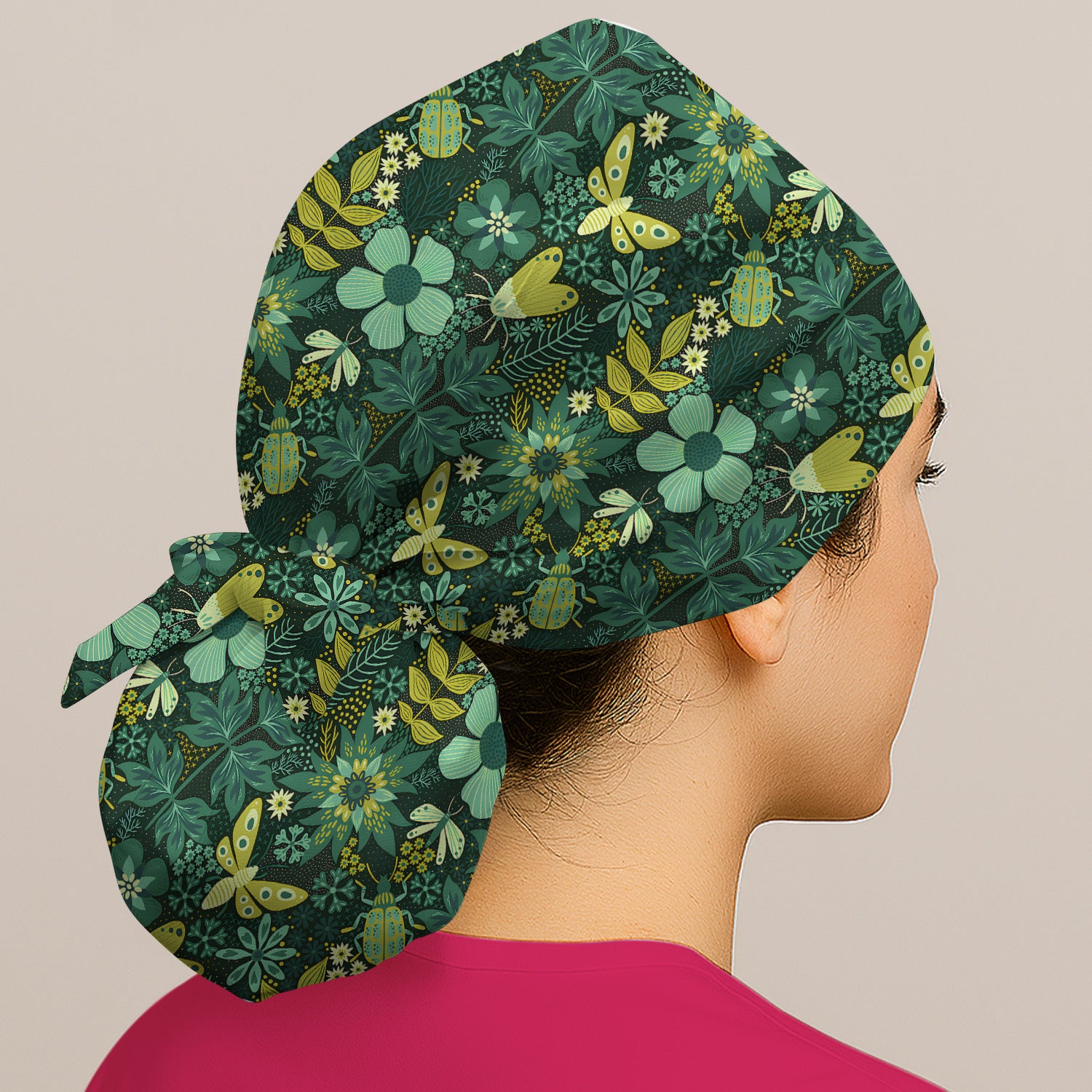 Green Botanical Butterfly Pattern Scrub Cap, Surgical Caps for Doctors