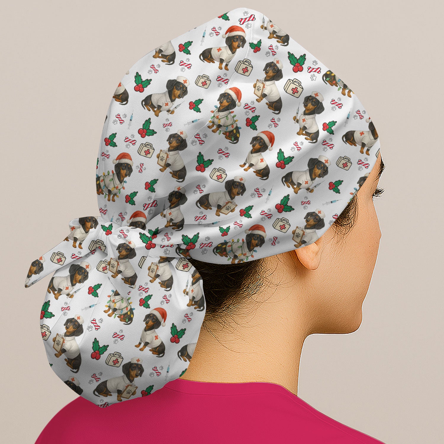 Custom Christmas Nurse Scrub Cap - Dachshund Dog Surgical Hat Multi Color - Funny Holiday Bouffant Cap for Women Nurses
