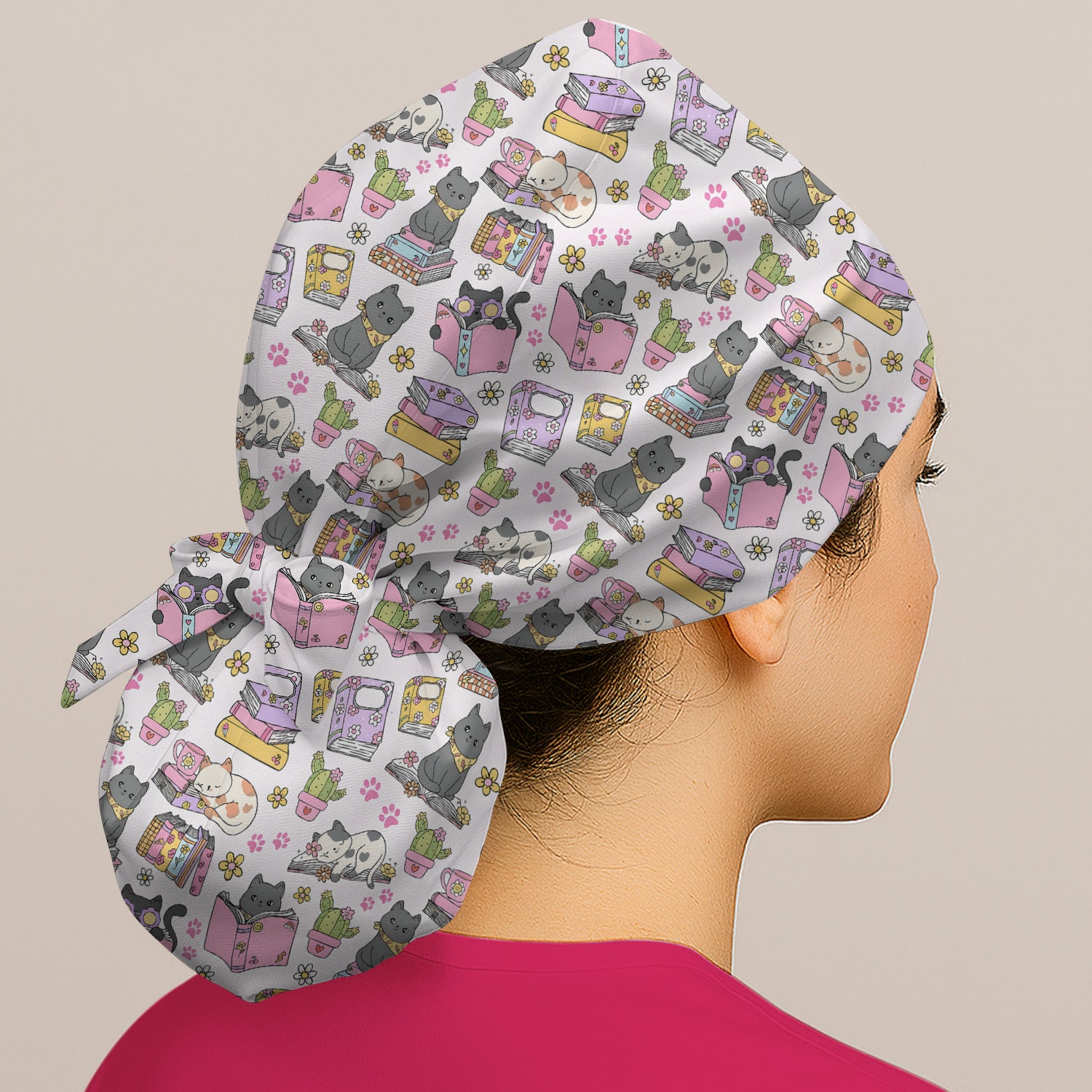 Cute Cat Book Cactus Seamless Pattern Scrub Cap, Surgical Caps for Doctors
