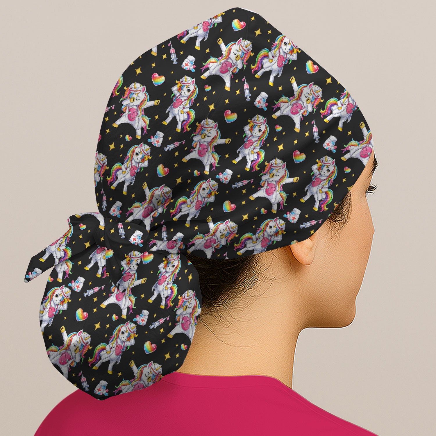 Playful Nurse Unicorn Rainbow Pattern Cap, Bouffant Scrub Caps for Women