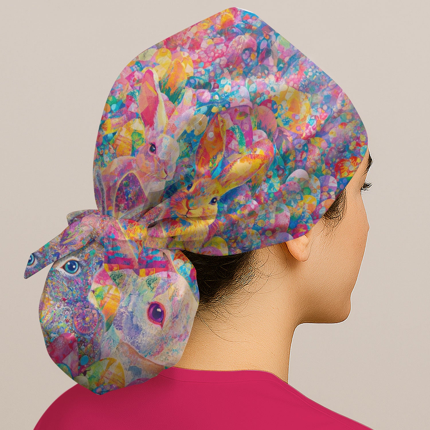 Colorful Artistic Bunny Pattern Scrub Cap, Breathable Fabrics Caps Uniform