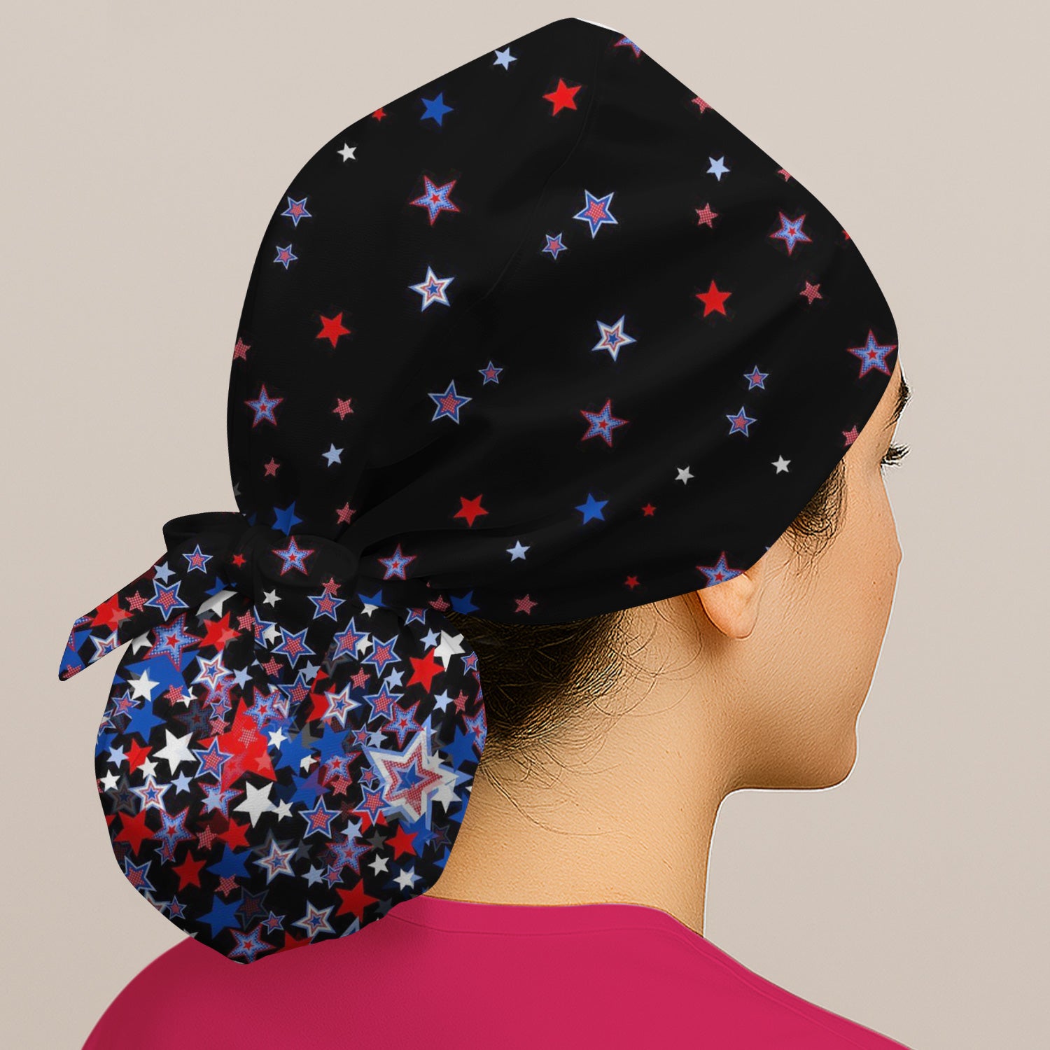 Festive Patriotic Red Blue Star Pattern Nurse Scrub Cap, Surgical Caps for Doctors