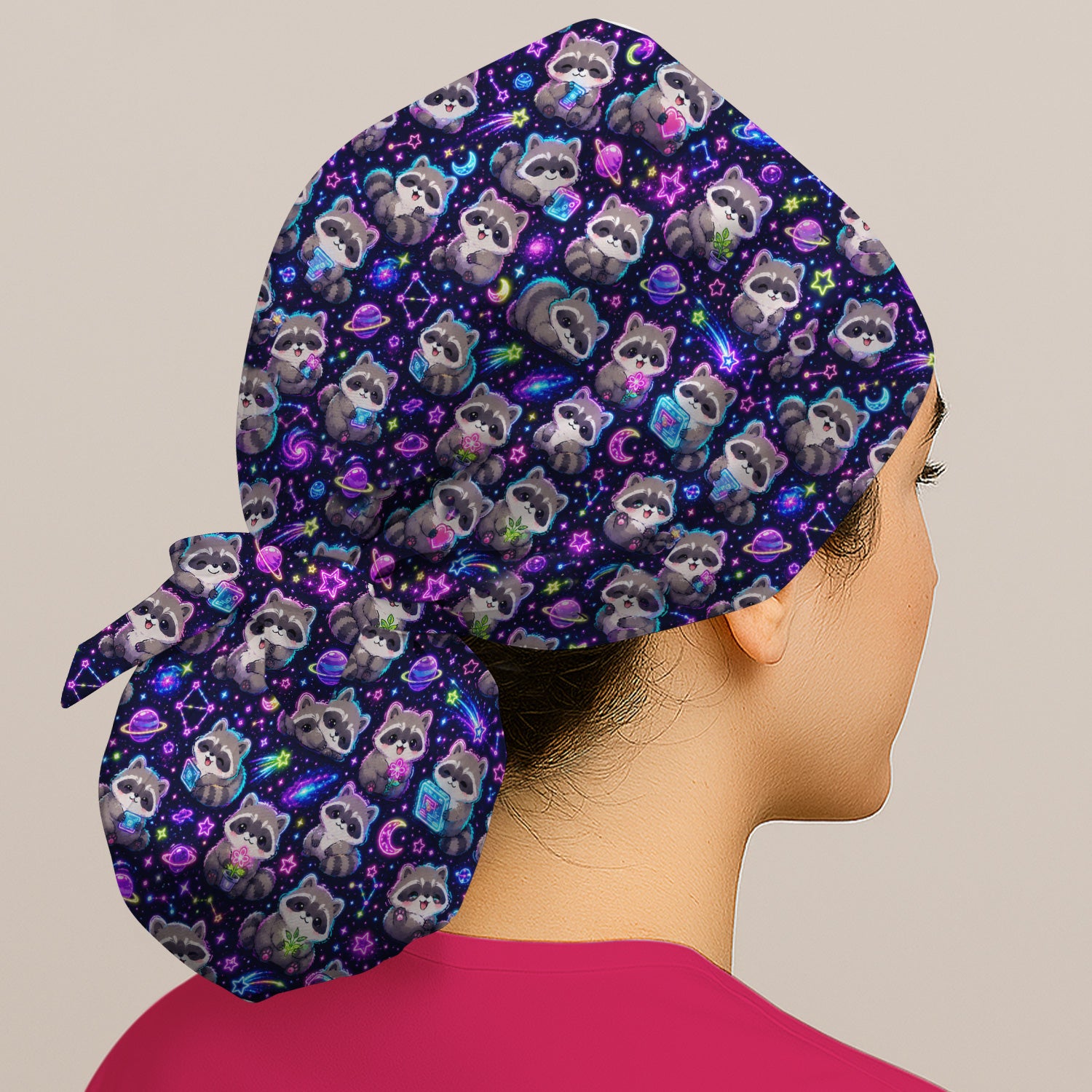 Neon Galaxy Raccoon Space Pattern Scrub Cap, Surgical Caps for Doctors