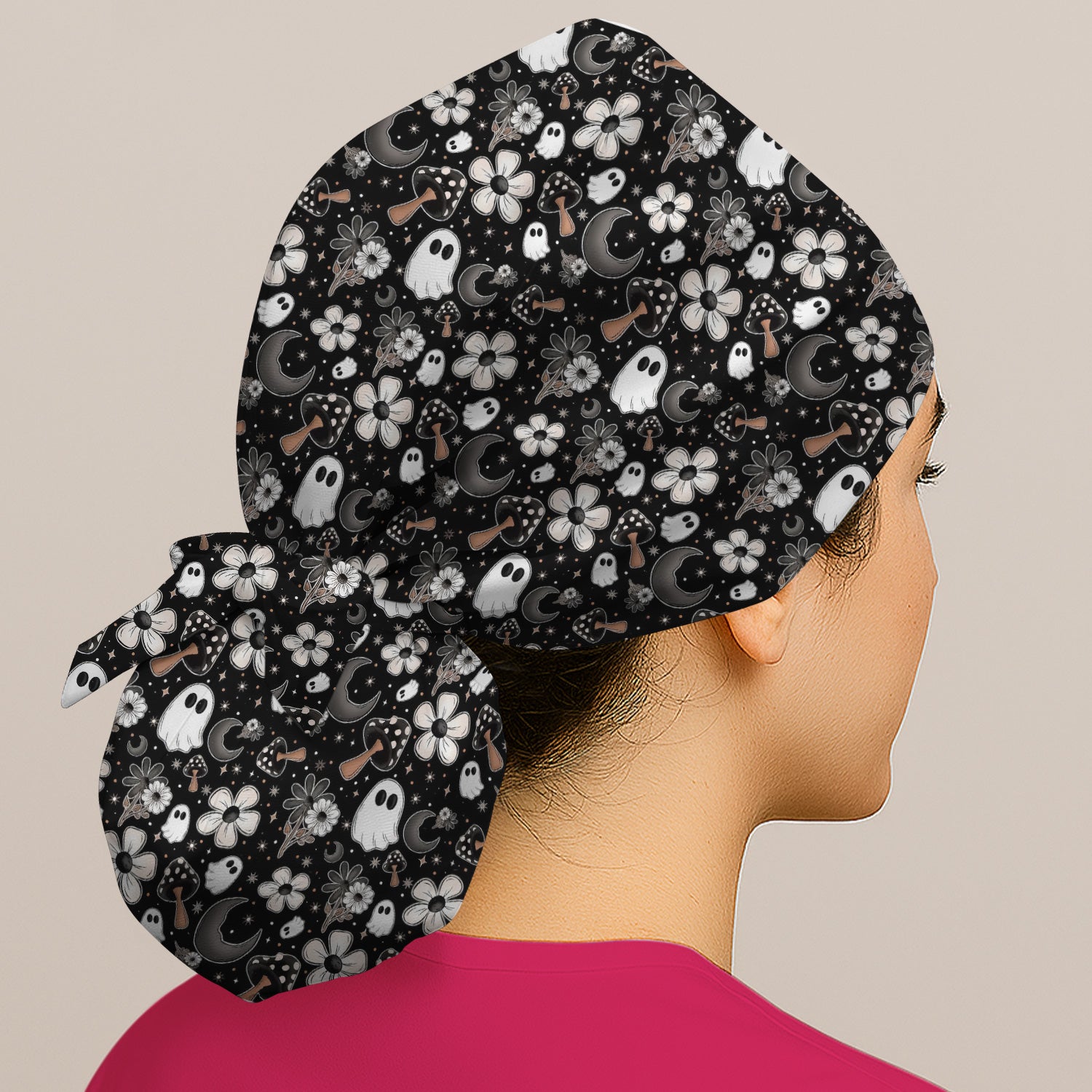 Floral Mushroom Ghost Pattern Scrub Cap, Surgical Caps for Doctors