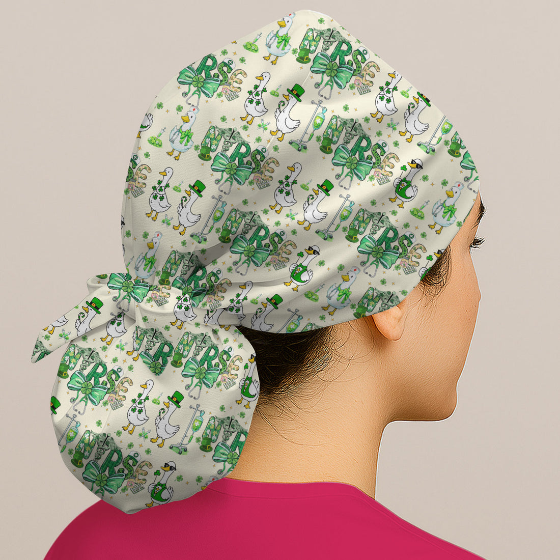 Funny Goose Nurse Shamrock Scrub Cap, St. Patrick’s Day Nurse Pattern Hat, Breathable Fabrics Nursing Uniform