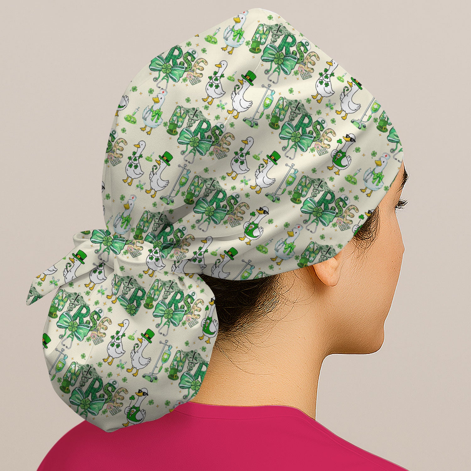 Funny Goose Nurse Shamrock Scrub Cap, St. Patrick’s Day Nurse Pattern Hat, Breathable Fabrics Nursing Uniform