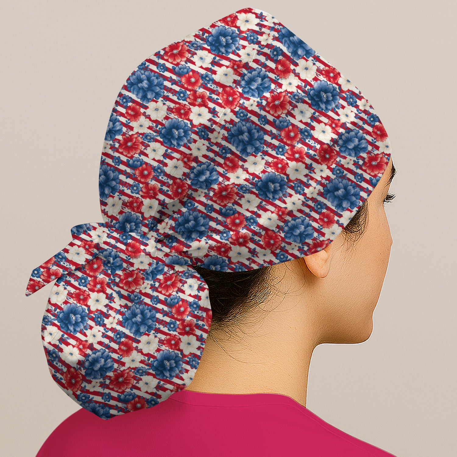 Patriotic Nurse Floral Stripe Pattern Scrub Cap, Surgical Caps for Doctors