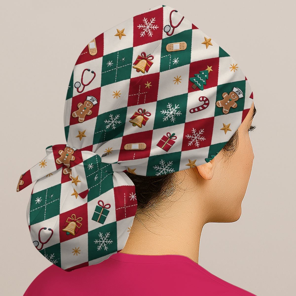 Christmas Gingerbread Nurse Argyle Scrub Cap, Surgical Caps for Doctors