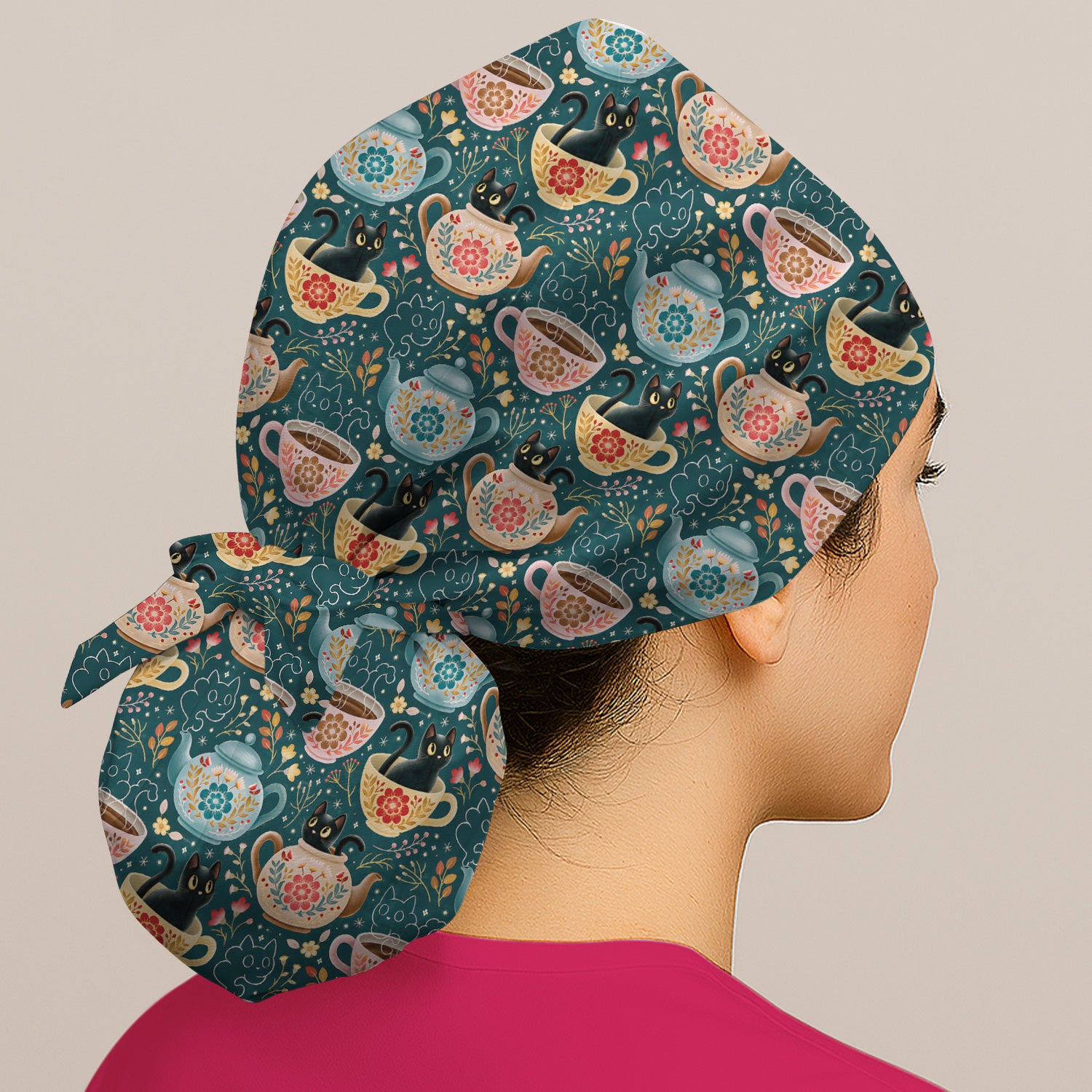 Black Cat Tea Party Veterinary Pattern Scrub Cap, Surgical Caps for Doctors